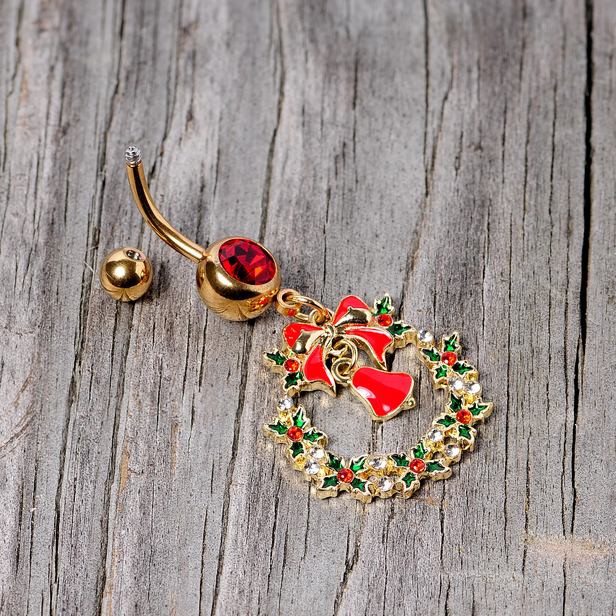 Red Gem Gold Tone Holiday Bell Wreath Christmas Dangle Belly Ring - Image 4