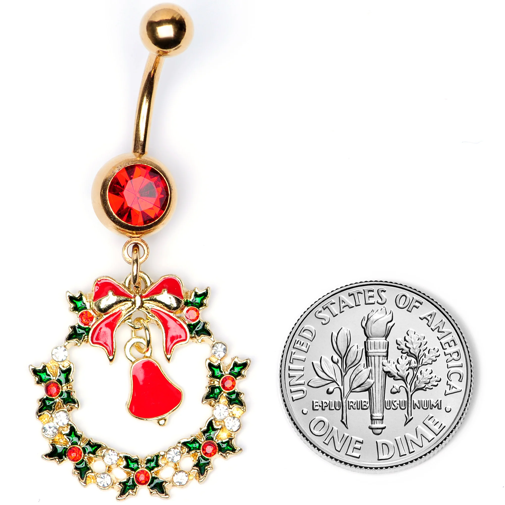 Red Gem Gold Tone Holiday Bell Wreath Christmas Dangle Belly Ring - Image 5