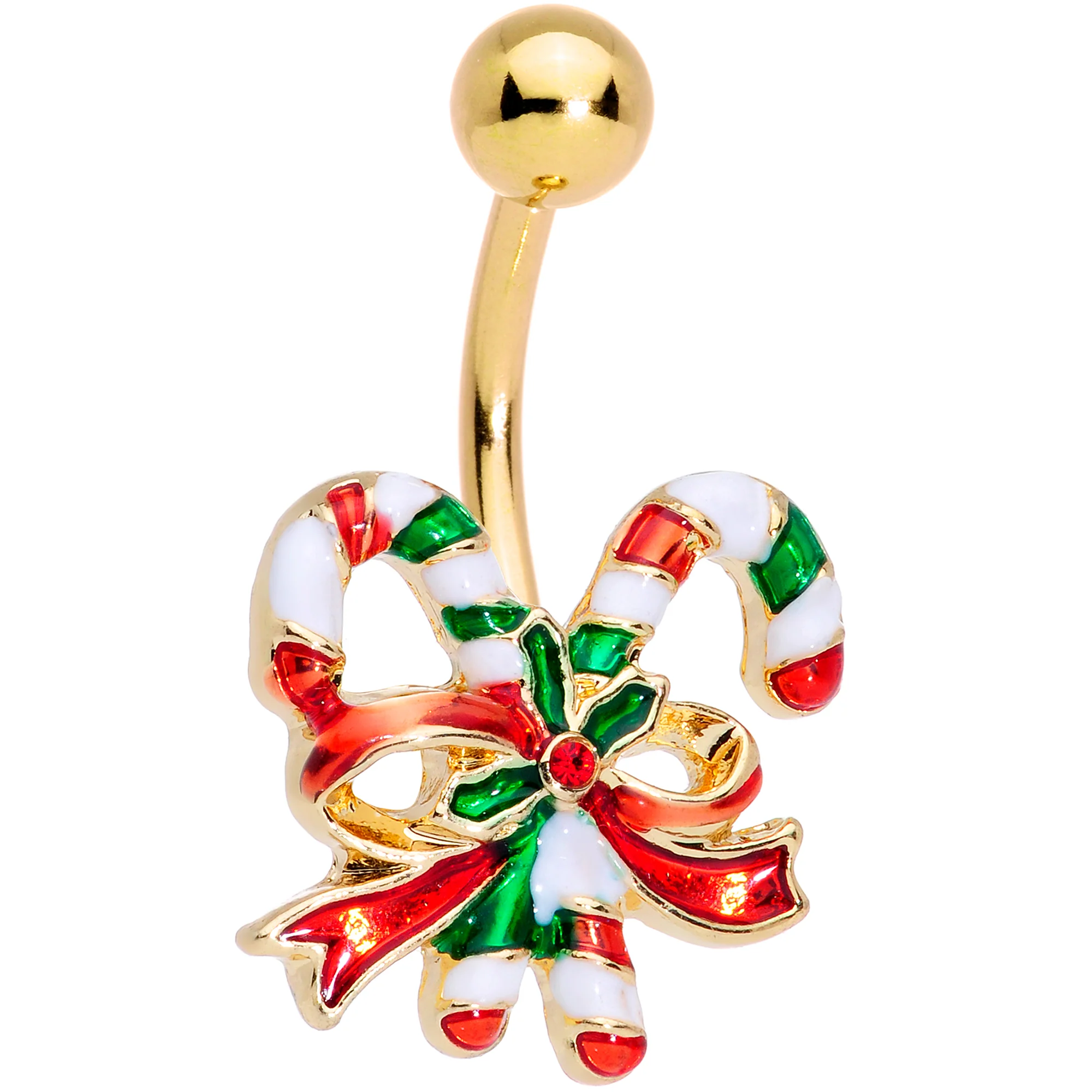 Red Gem Gold Tone Holly Berry Candy Cane Christmas Dangle Belly Ring Set of 3 - Image 2