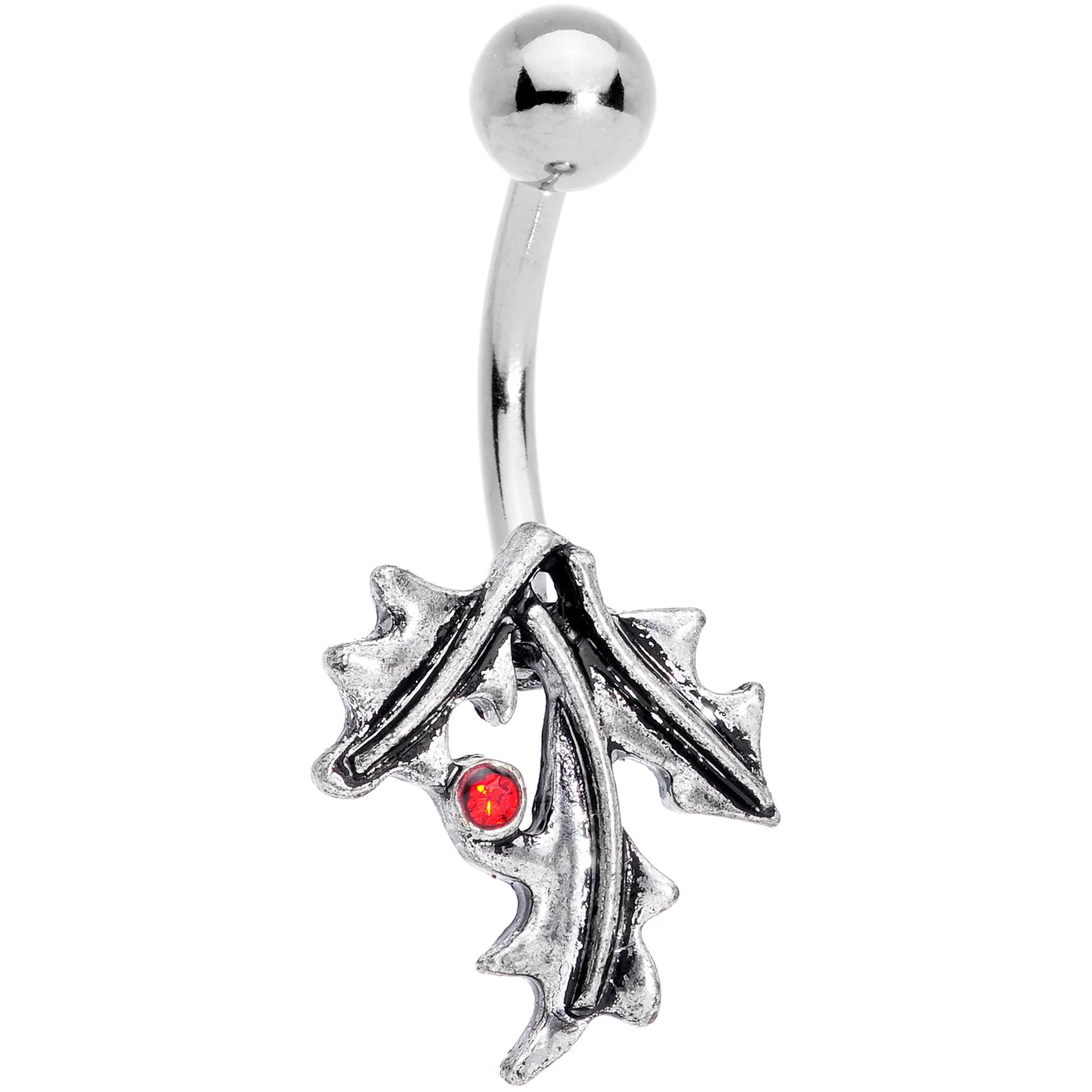 Red Gem Gold Tone Holly Berry Candy Cane Christmas Dangle Belly Ring Set of 3 - Image 3