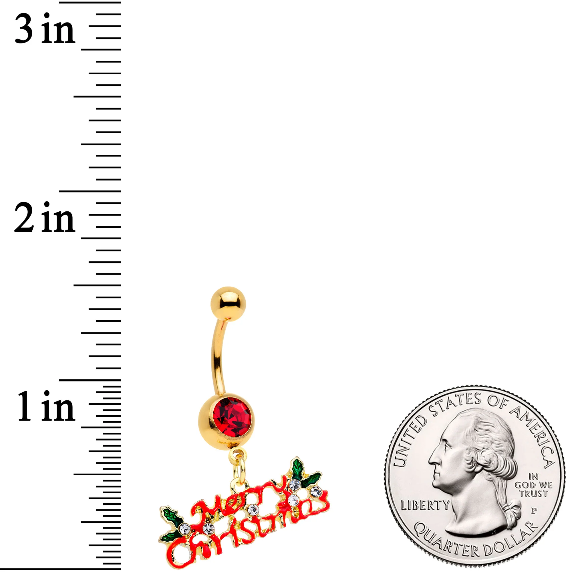 Red Gem Gold Tone Merry Christmas Dangle Belly Ring - Image 3