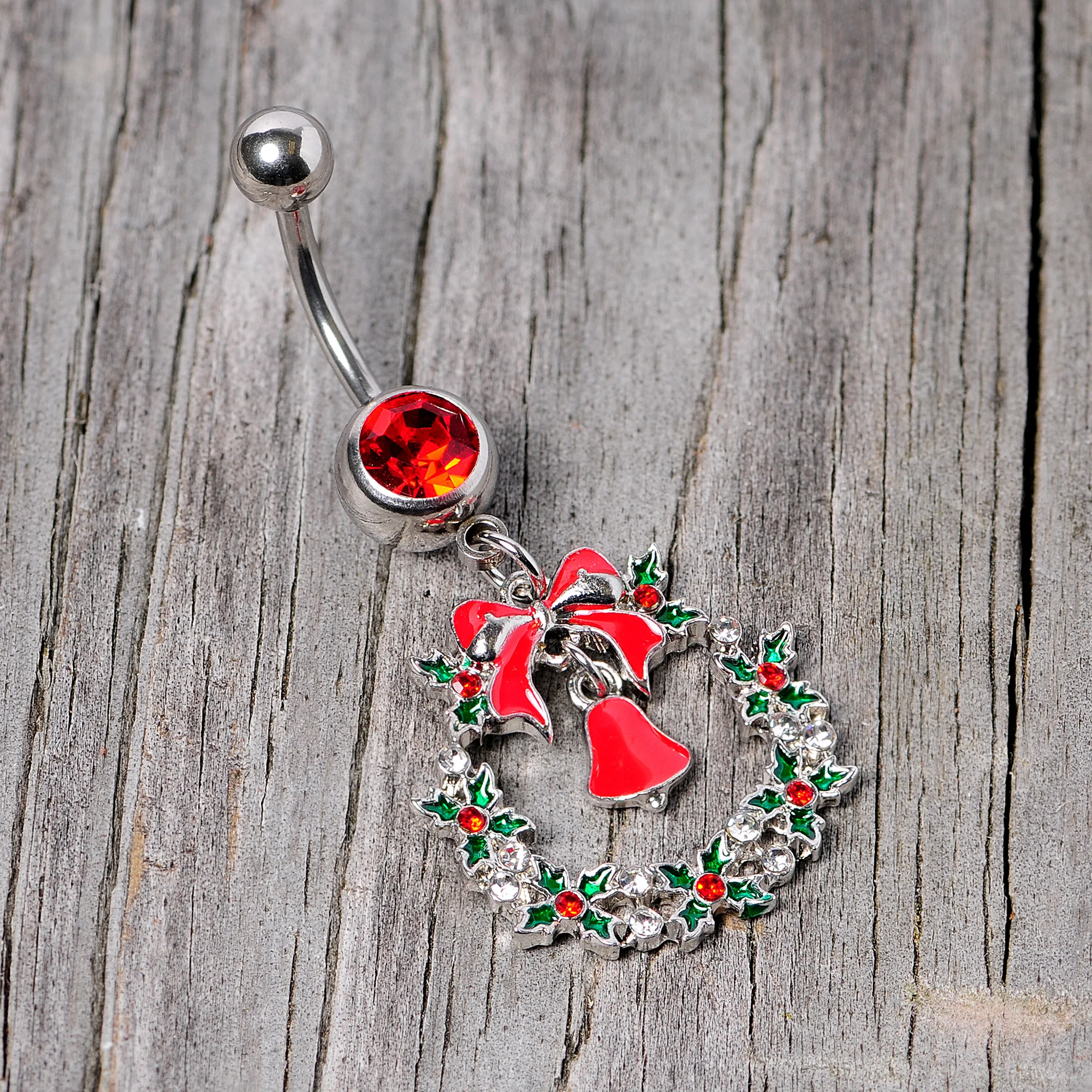 Red Gem Holiday Bell Wreath Christmas Dangle Belly Ring - Image 3