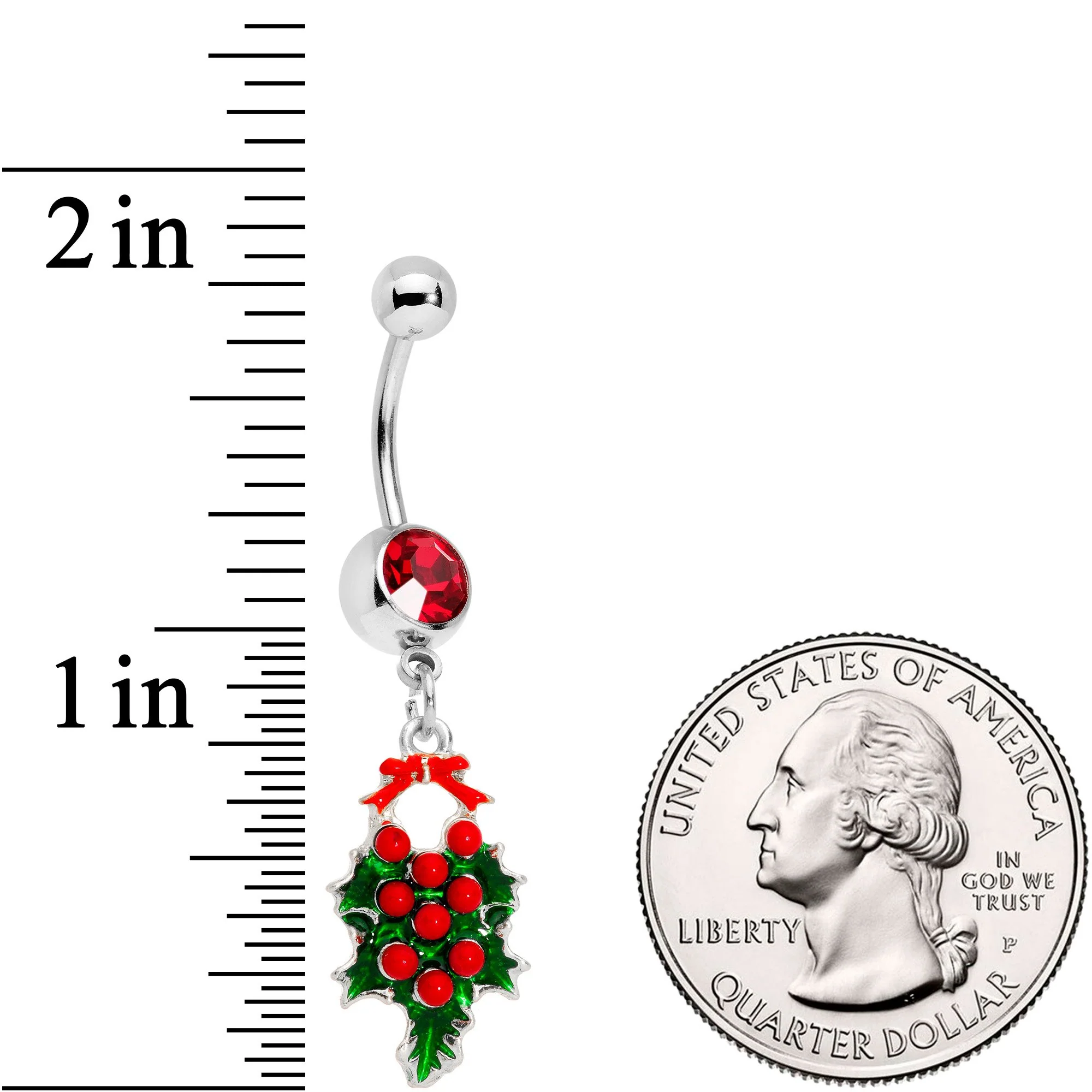 Red Gem Holiday Bow and Berries Holly Day Dangle Belly Ring - Image 2