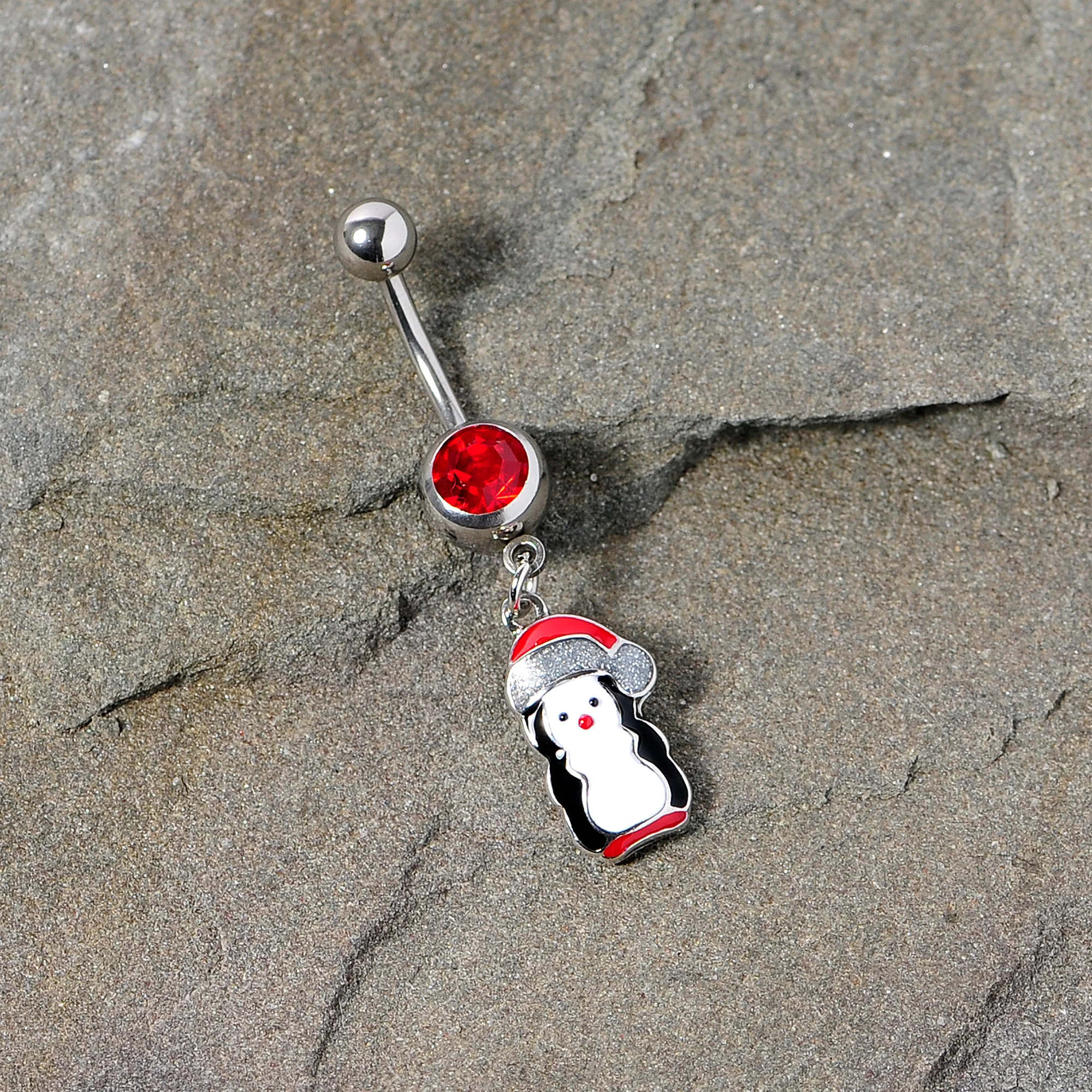 Red Gem Holiday Penguin Christmas Dangle Belly Ring - Image 4