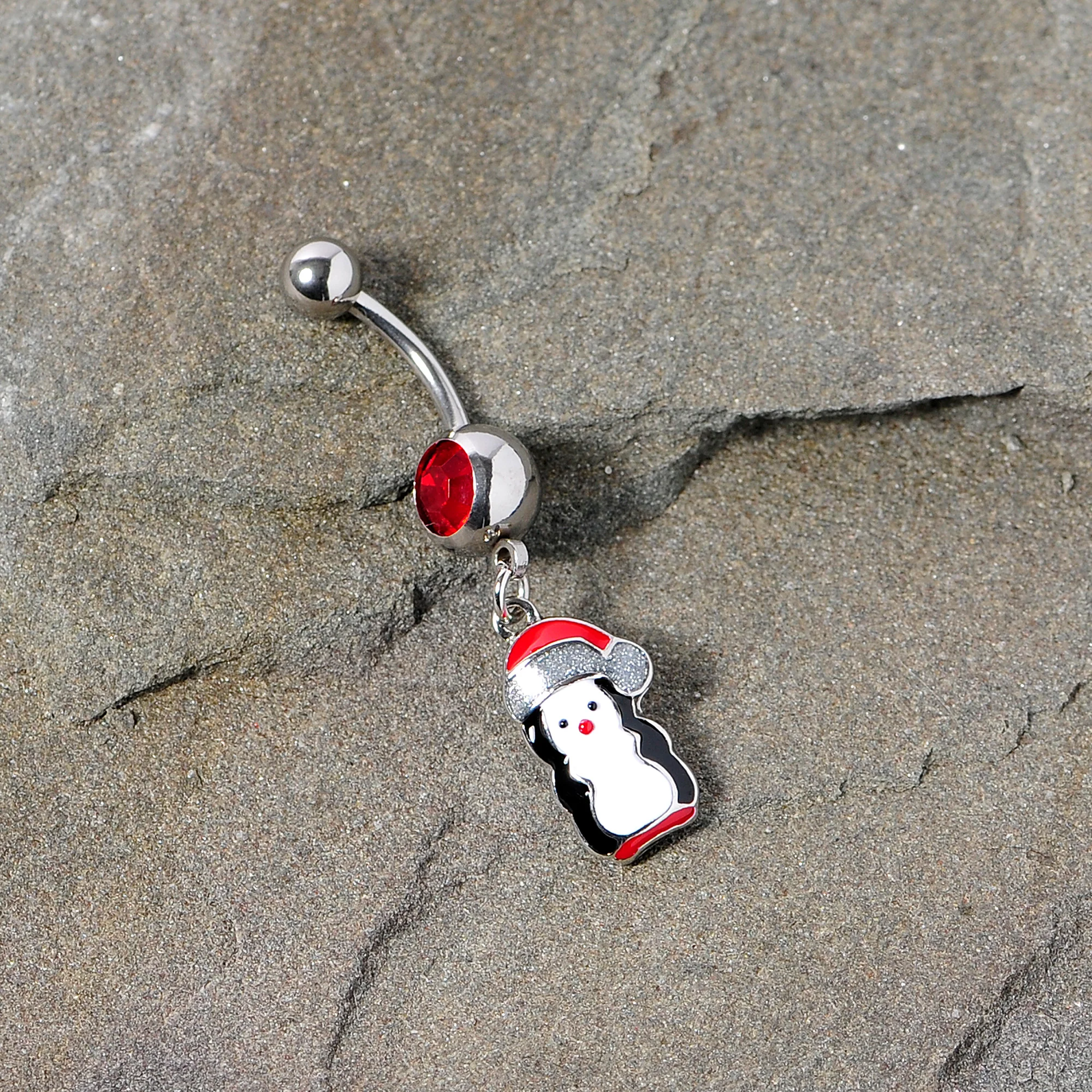 Red Gem Holiday Penguin Christmas Dangle Belly Ring - Image 5