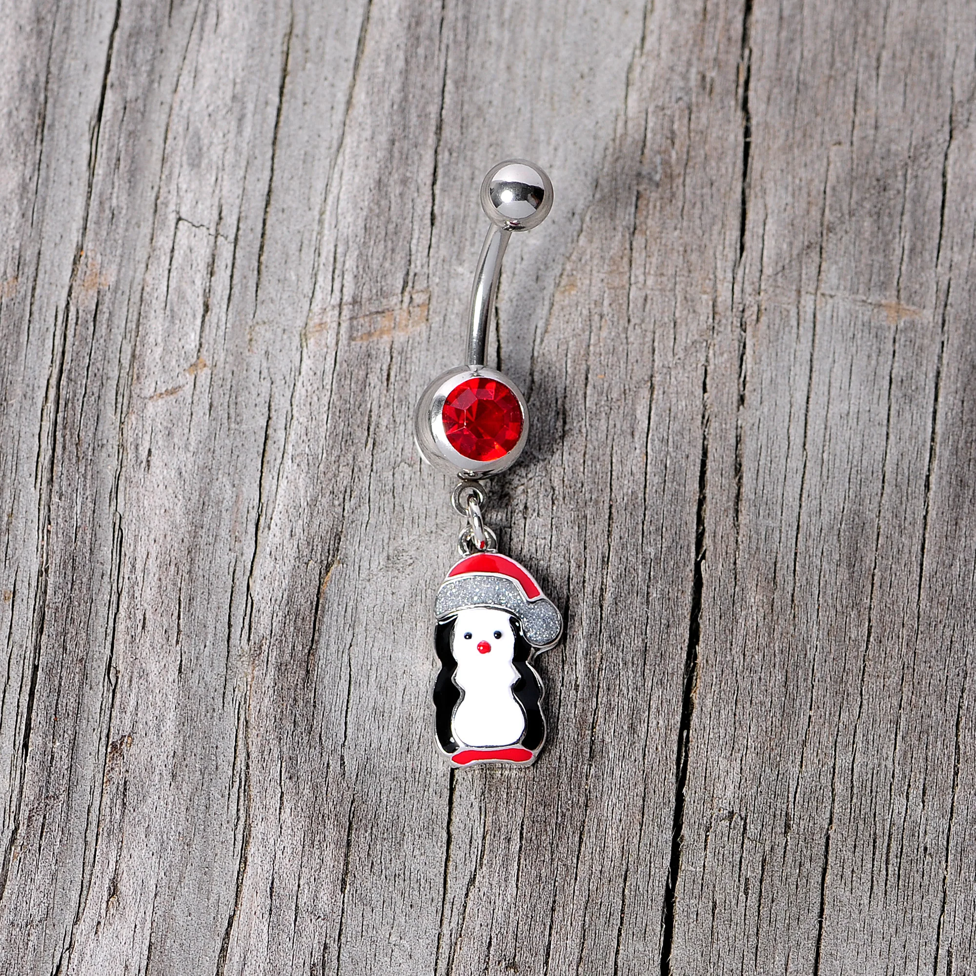Red Gem Holiday Penguin Christmas Dangle Belly Ring - Image 6