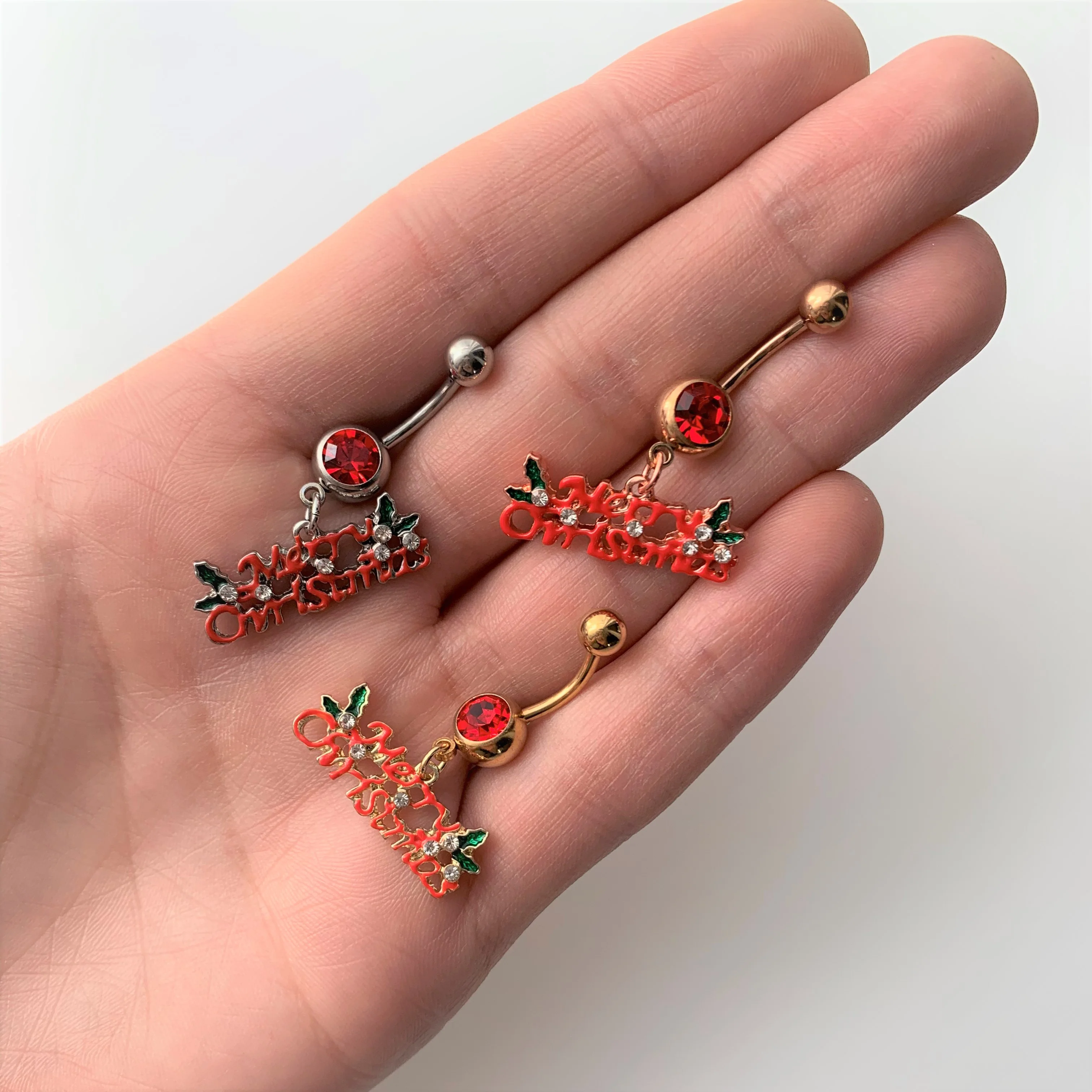 Red Gem Merry Christmas Dangle Belly Ring - Image 2