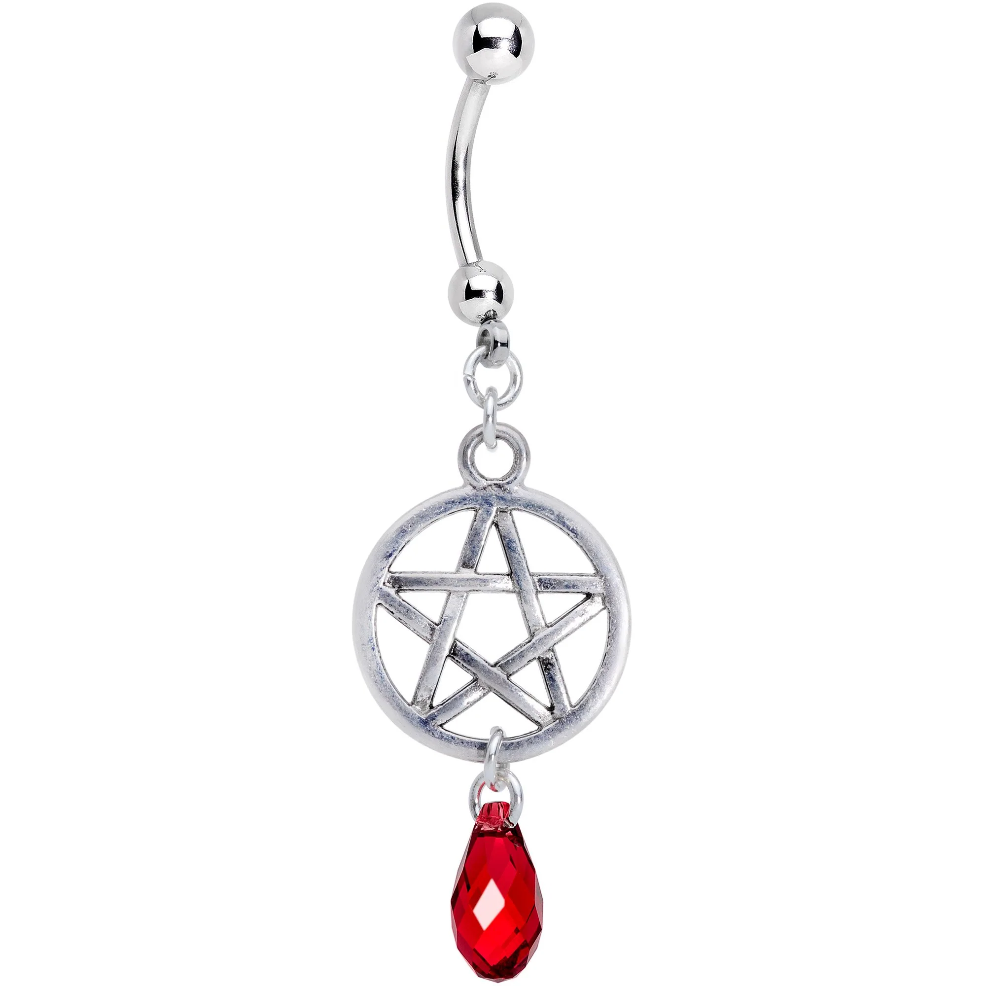 Red Gem Pentagram Dangle Belly Ring Created with Crystals - Image 2