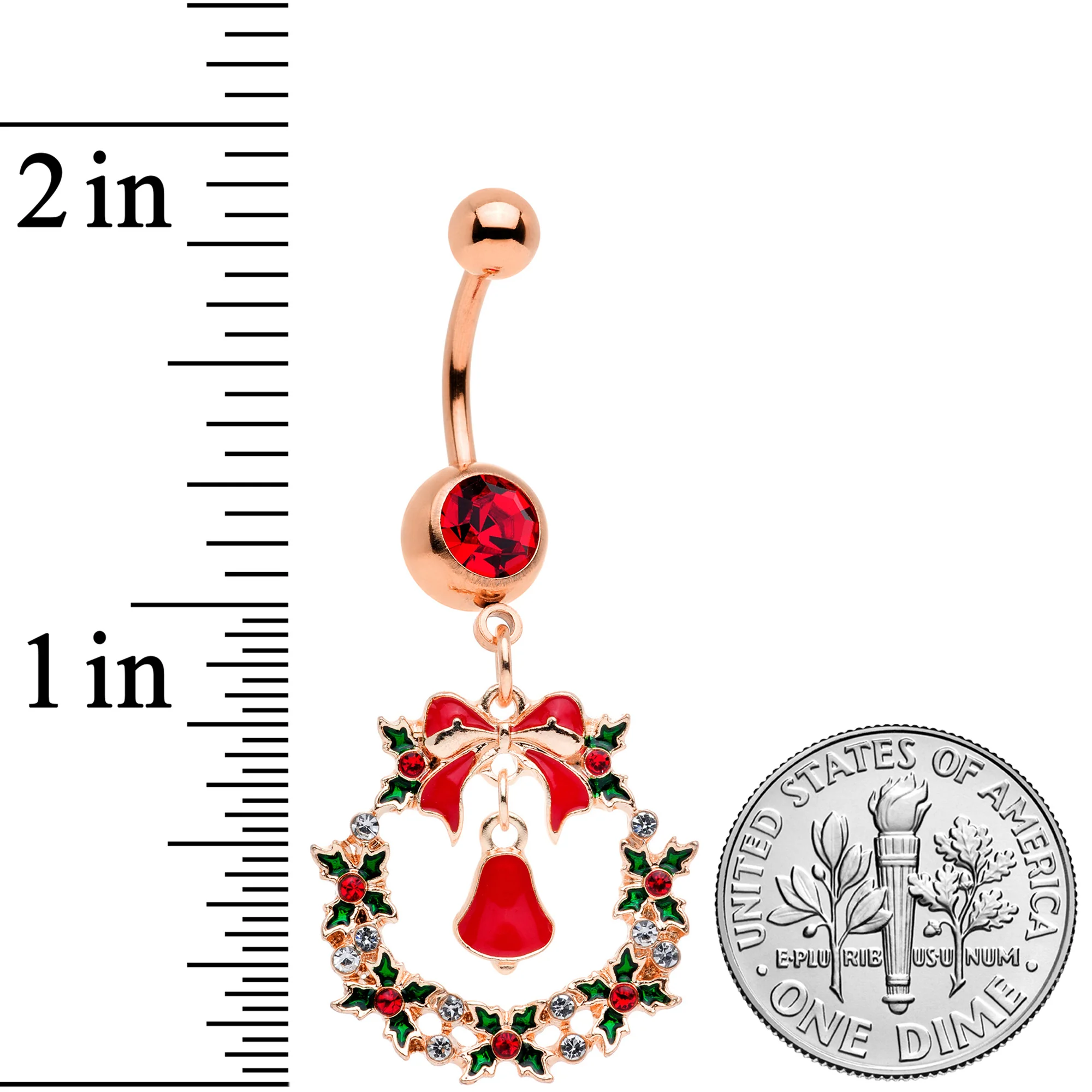 Red Gem Rose Gold Tone Holiday Wreath Christmas Dangle Belly Ring - Image 4