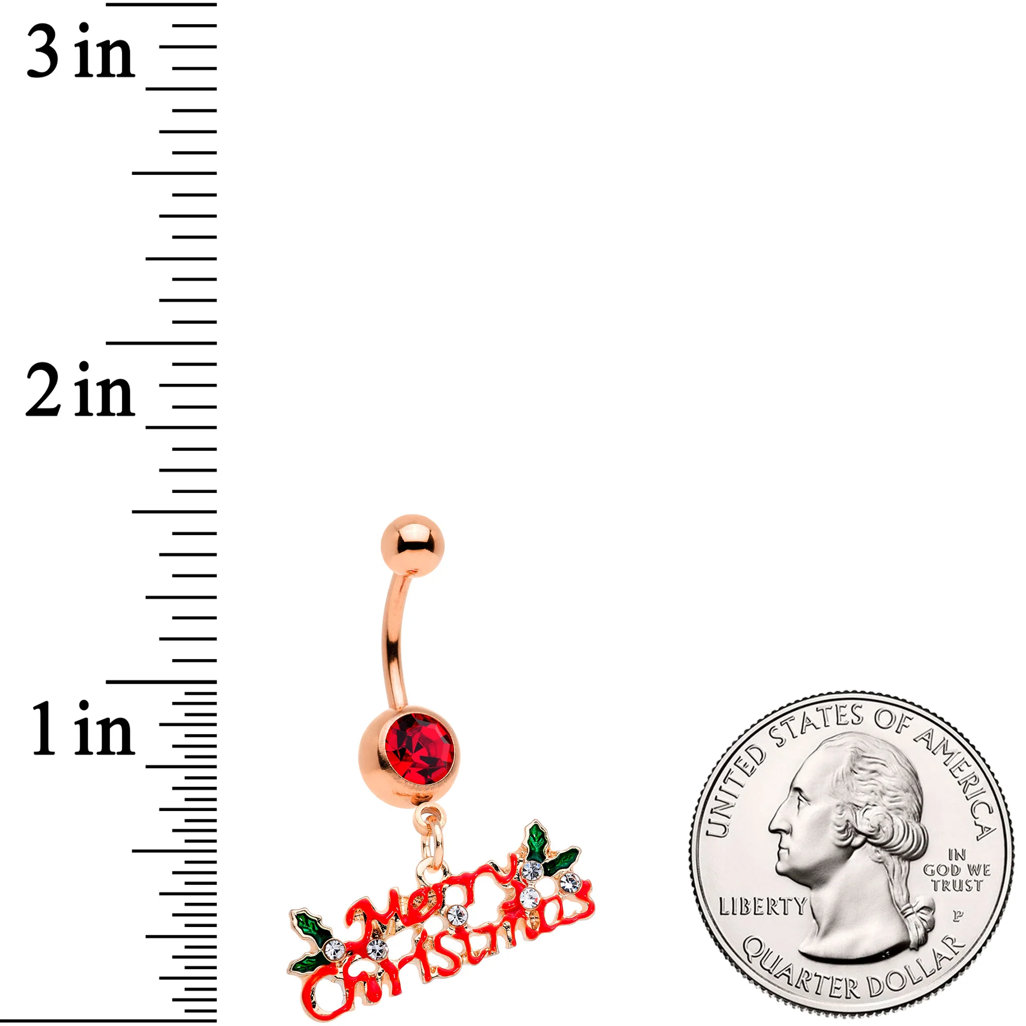 Red Gem Rose Gold Tone Merry Christmas Dangle Belly Ring - Image 3