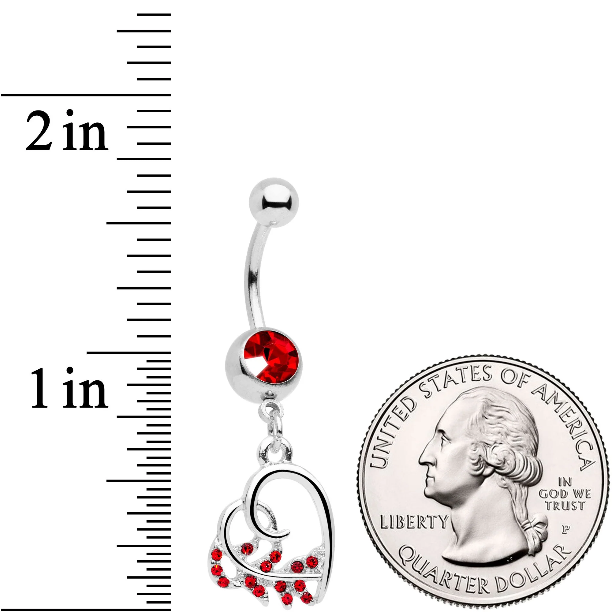 Red Gem Scrolling Embellished Heart Dangle Belly Ring - Image 2