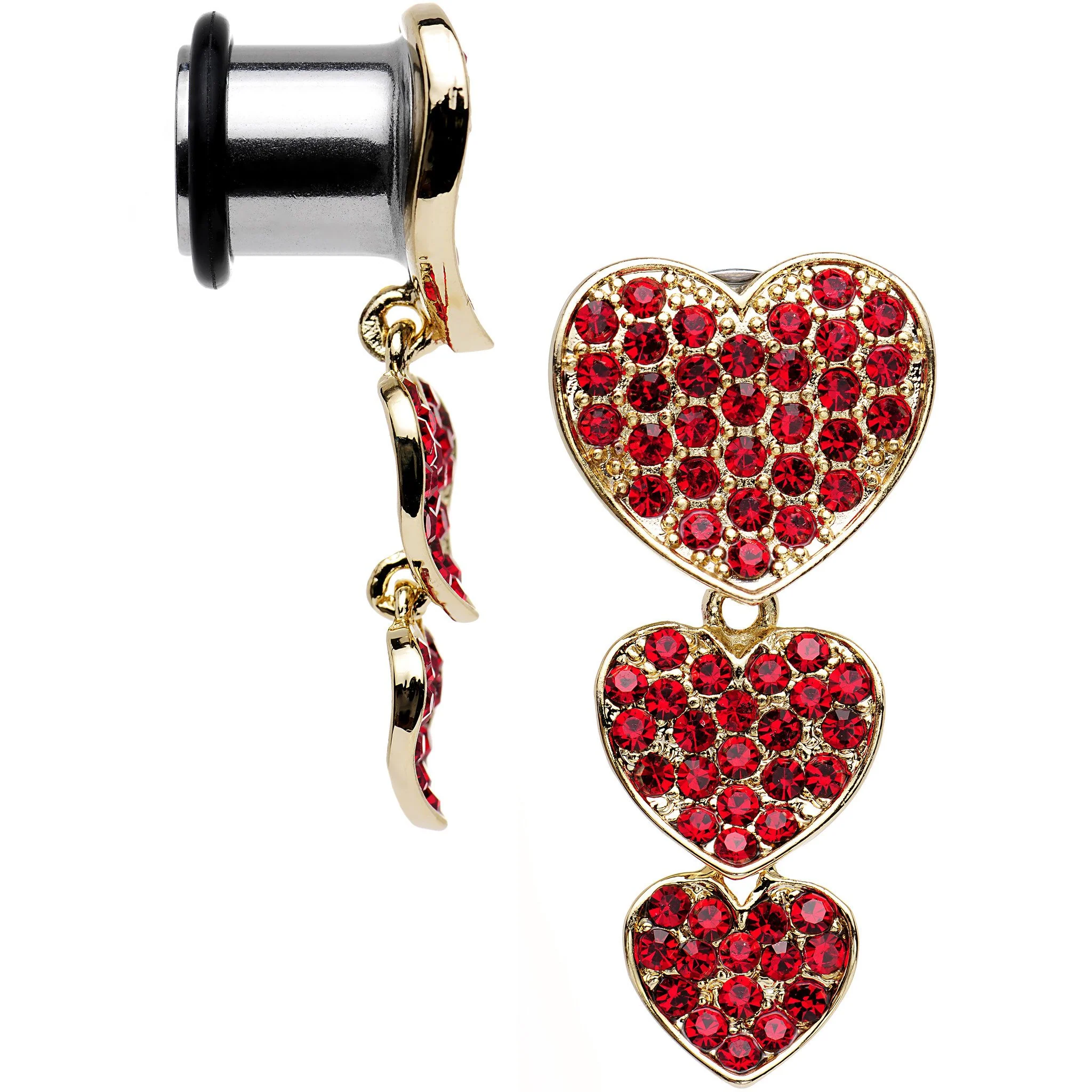 Red Gem Steel Triple Heart Single Flare Dangle Plug Set Sizes 5mm to 00G - Image 2