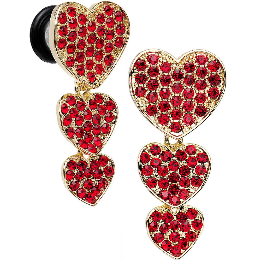 Red Gem Steel Triple Heart Single Flare Dangle Plug Set Sizes 5mm to 00G - Image 3