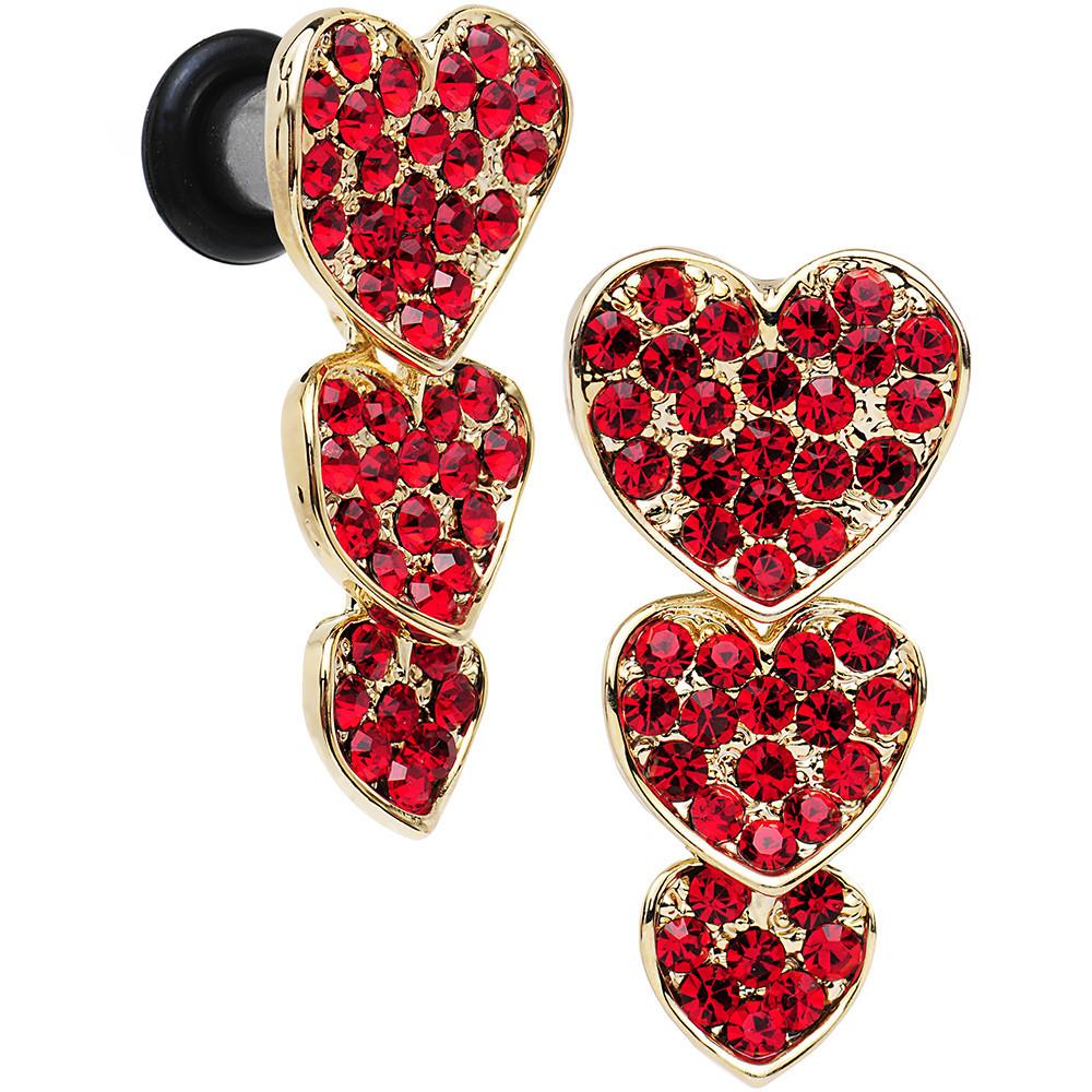 Red Gem Steel Triple Heart Single Flare Dangle Plug Set Sizes 5mm to 00G - Image 4