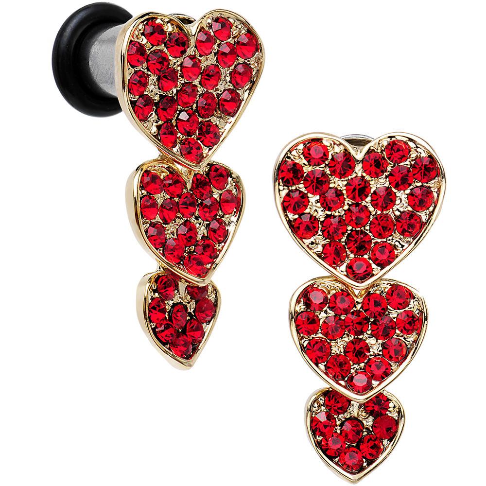 Red Gem Steel Triple Heart Single Flare Dangle Plug Set Sizes 5mm to 00G - Image 5