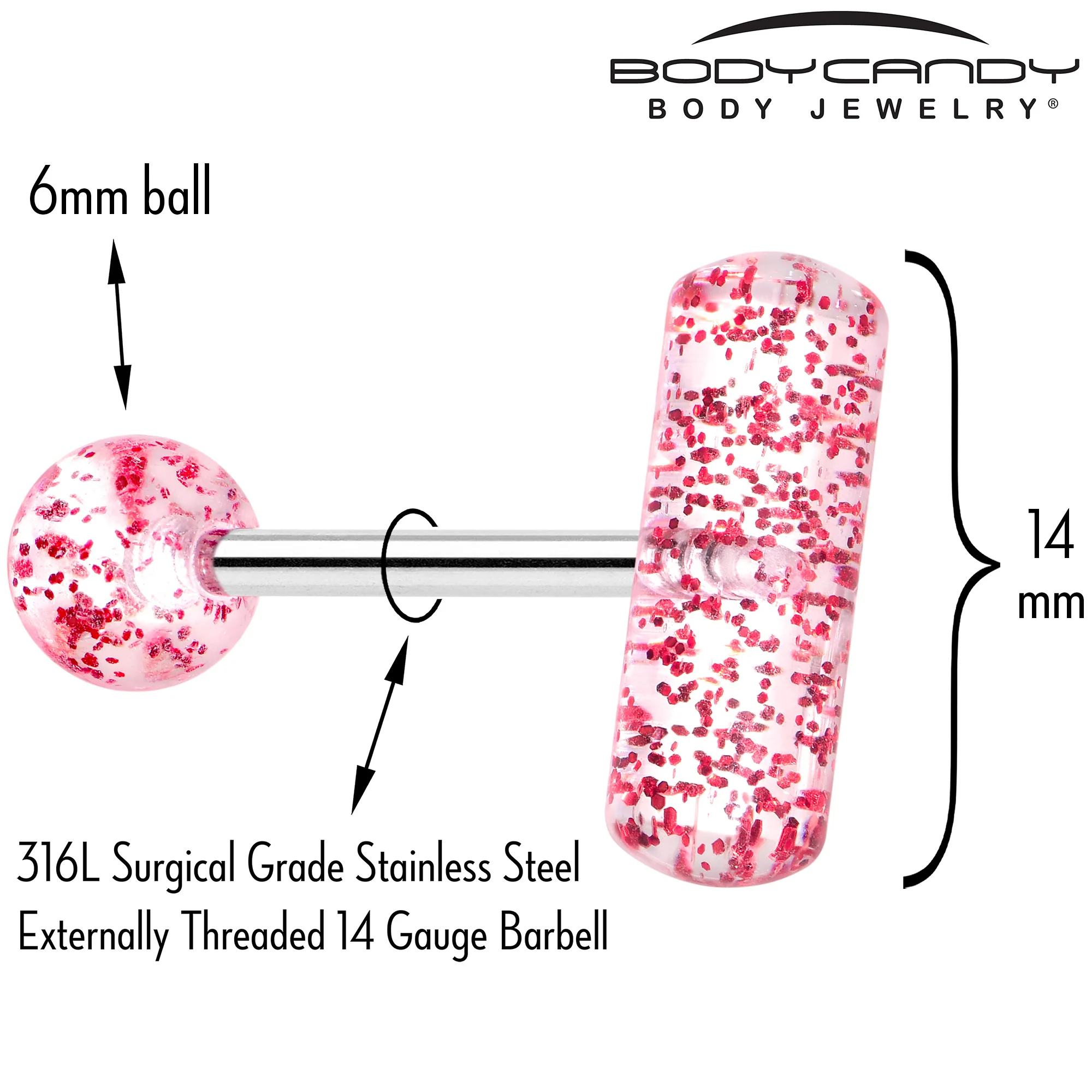 Red Glitter Acrylic Top End Barbell Tongue Ring - Image 2