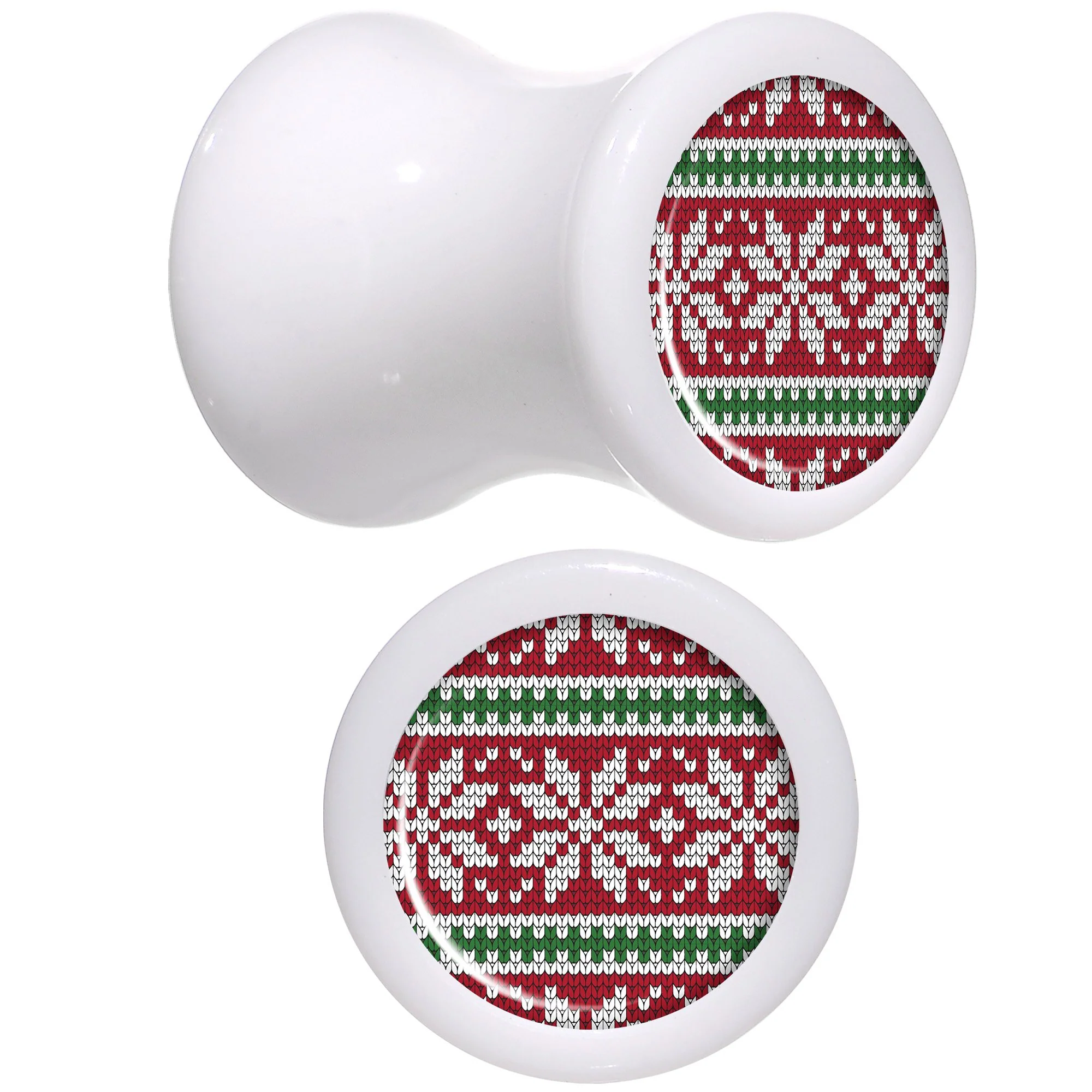 Red Green Christmas Sweater White Acrylic Saddle Plug Set Sizes 5mm to 20mm - Image 3