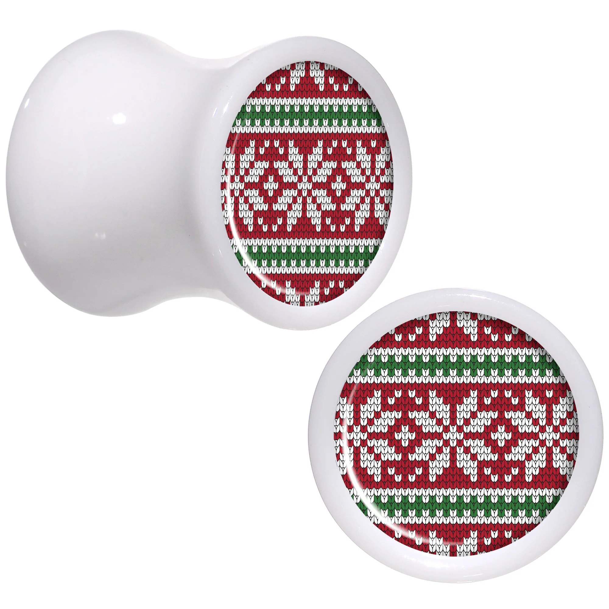 Red Green Christmas Sweater White Acrylic Saddle Plug Set Sizes 5mm to 20mm - Image 4