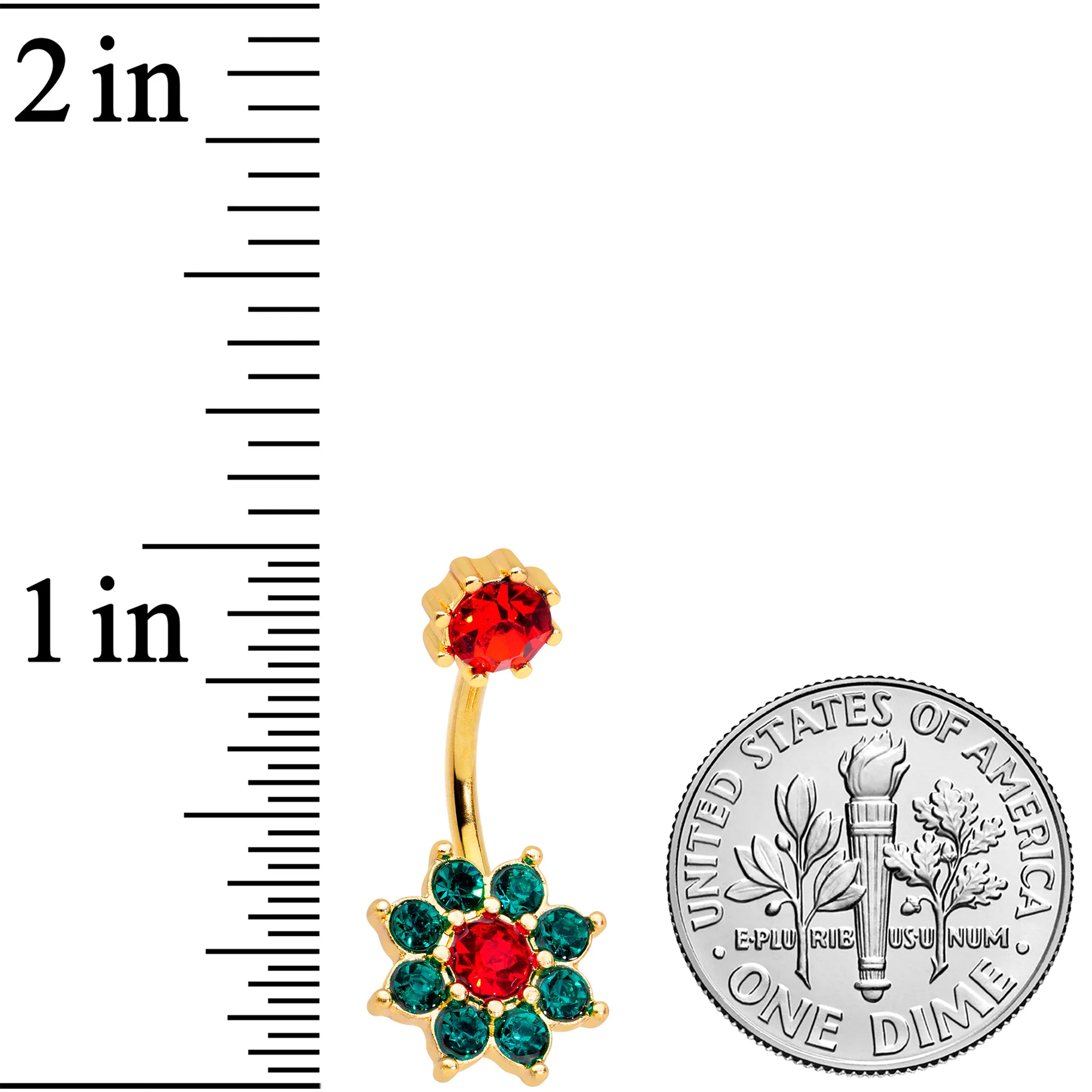 Red Green Gem Gold Tone Christmas Flower Belly Ring - Image 2