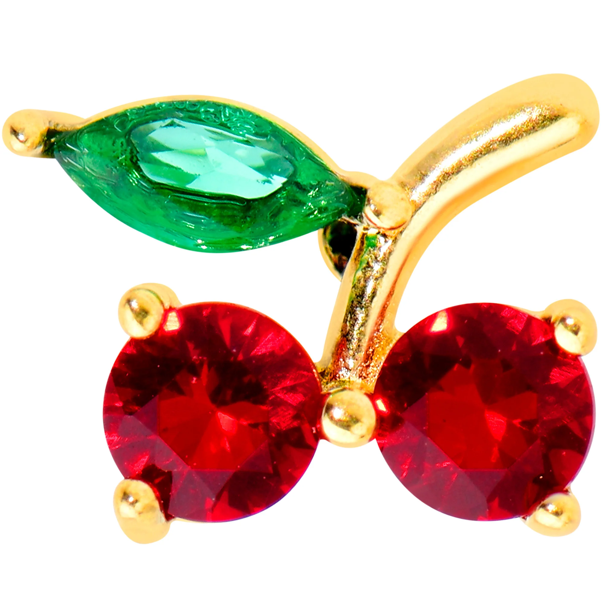 Red Green Gem Gold Tone Tasty Cherry Fruit Barbell Tongue Ring - Image 2