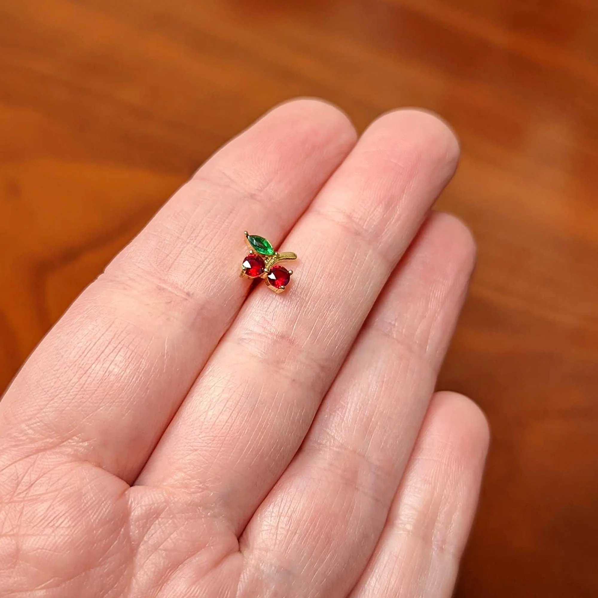 Red Green Gem Gold Tone Tasty Cherry Fruit Barbell Tongue Ring - Image 5
