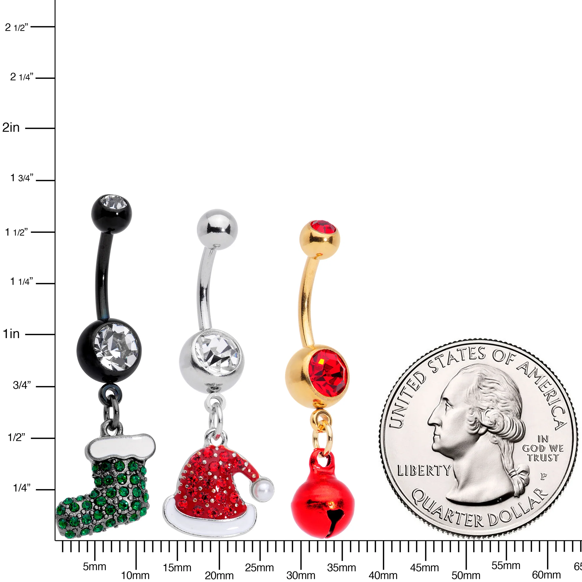 Red Green Gem Stocking Santa Cap Christmas Dangle Belly Ring Set of 3 - Image 5