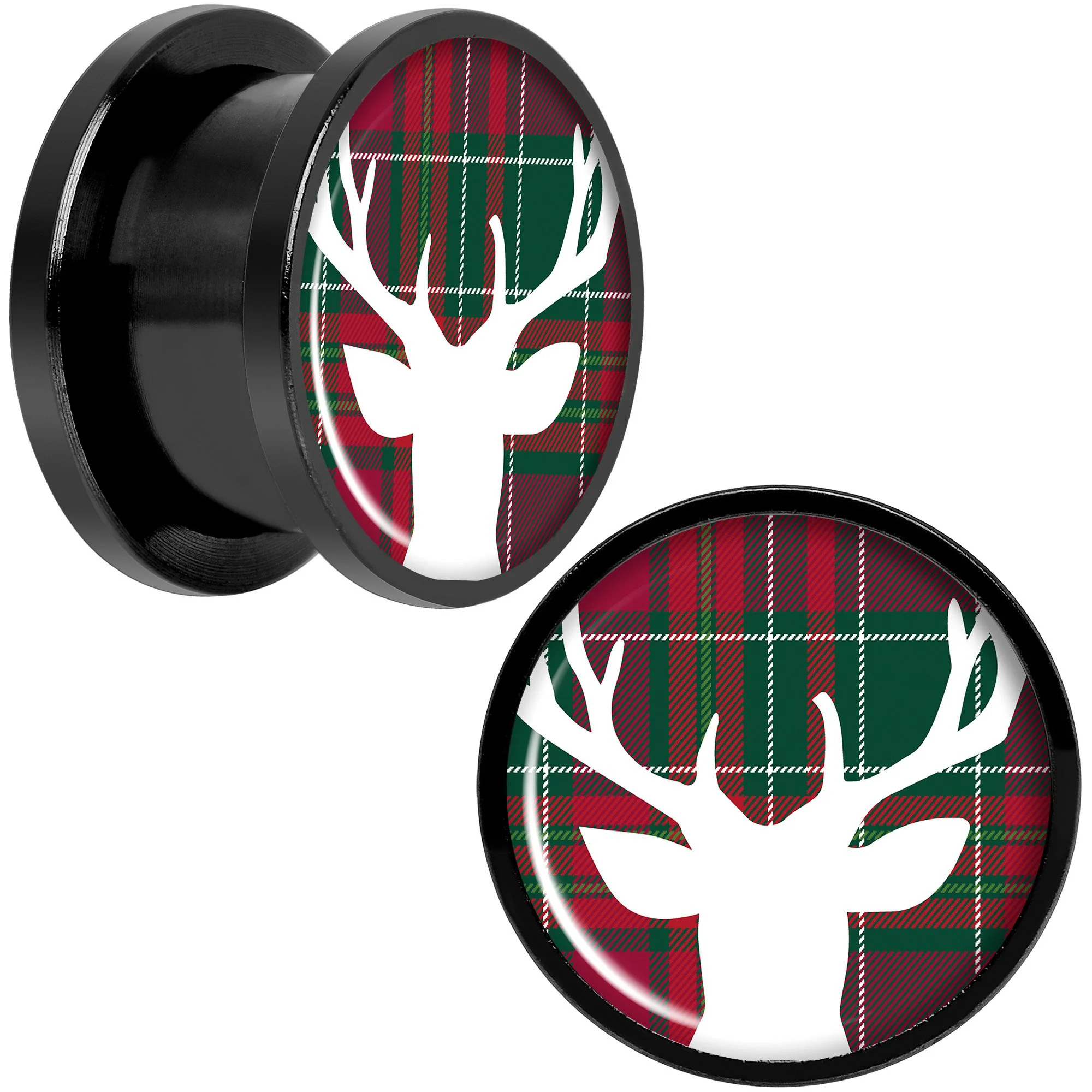 Red Green Plaid Reindeer Black Screw Fit Plug Set Sizes 5mm to 20mm - Image 6