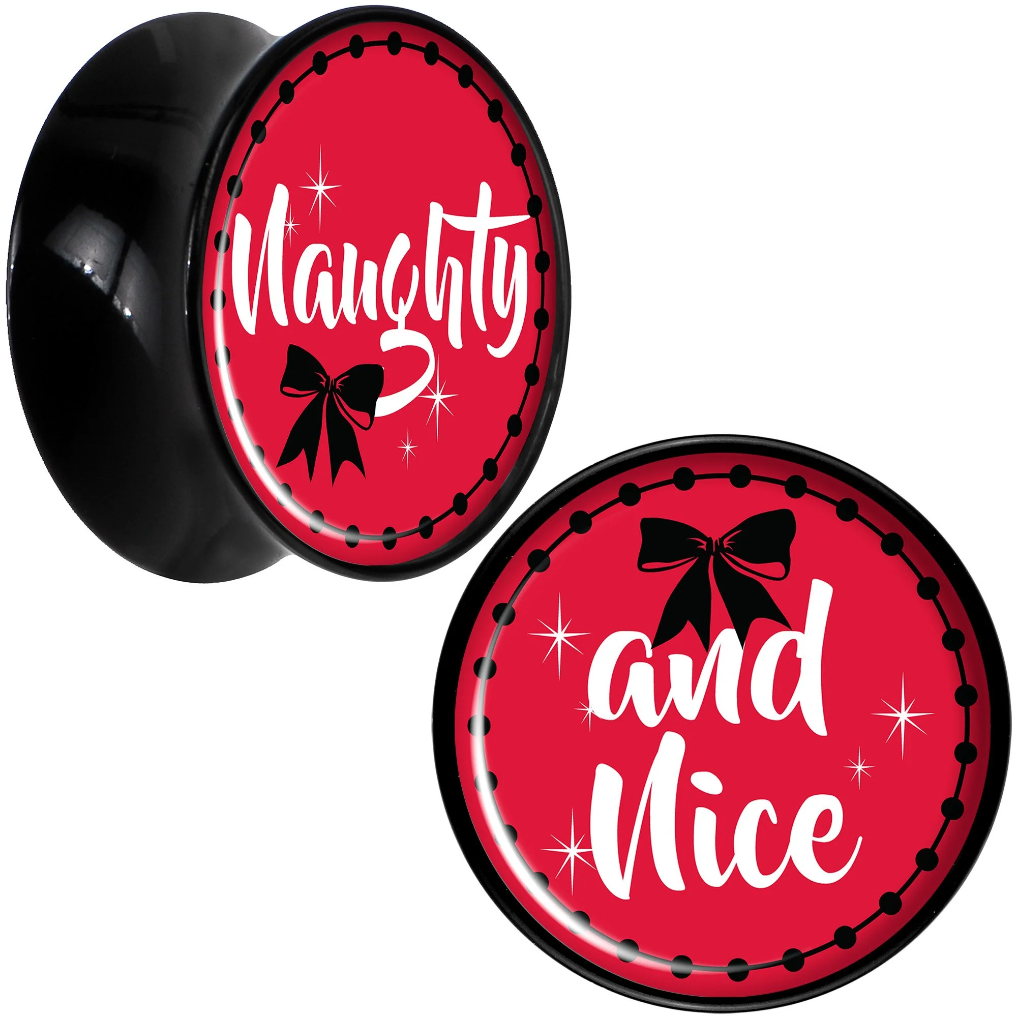 Red Holiday Naughty and Nice Black Acrylic Saddle Plug Set Sizes 6mm to 20mm - Image 7