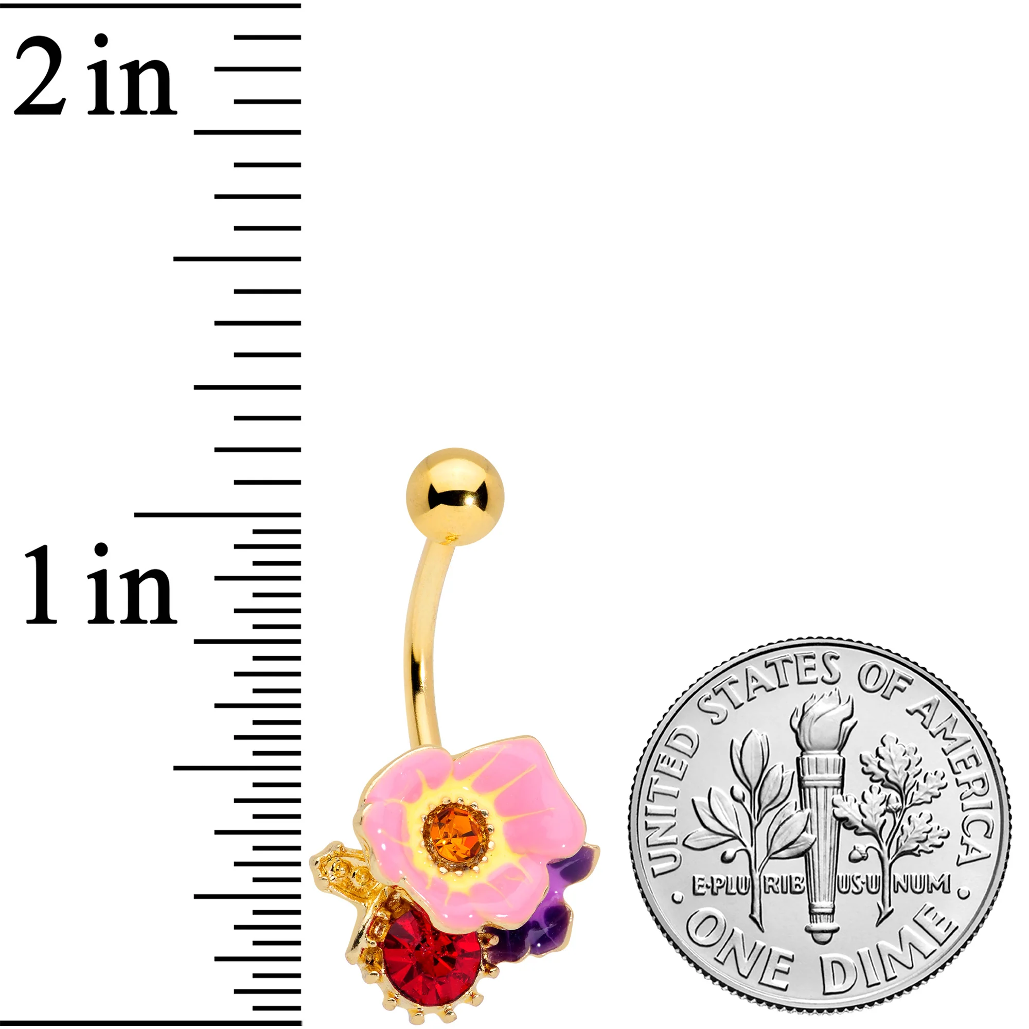 Red Pink Blue Gem Gold Tone Multi Flower Belly Ring - Image 2