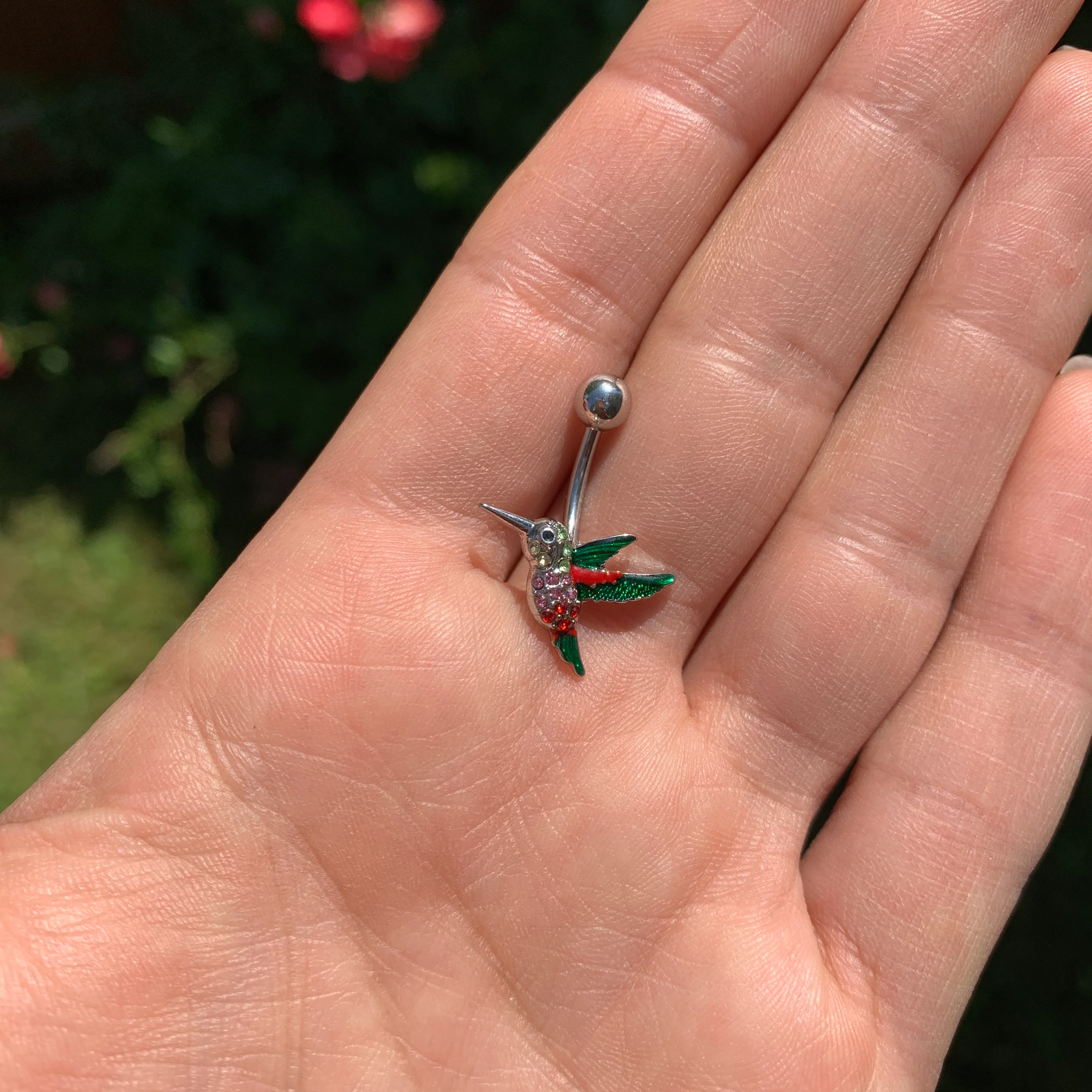 Red Pink Green Gem Hummingbird Belly Ring - Image 2