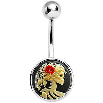 Red Rose Flower Skeleton Cameo Belly Ring - Image 2