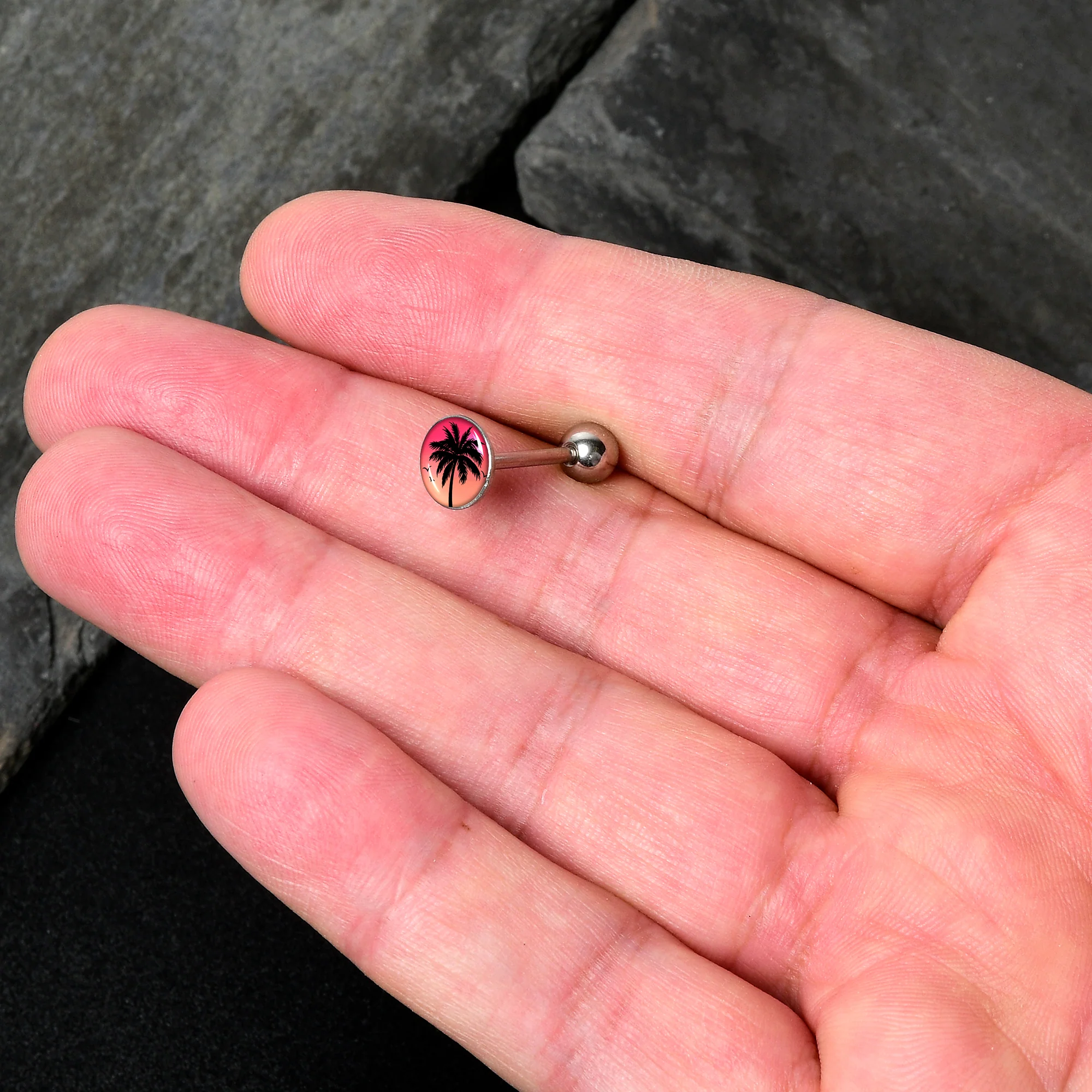 Red Sunset Palm Tree Barbell Tongue Ring by Onyx O - Image 2