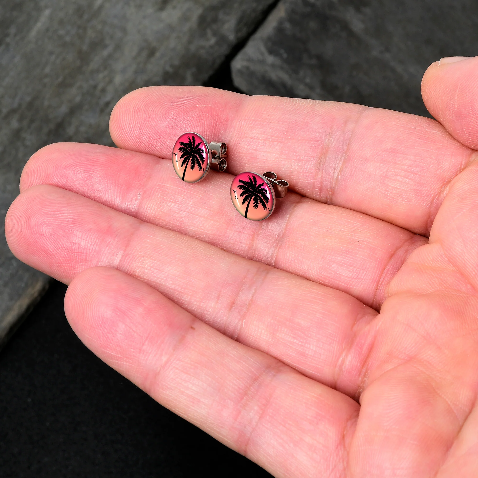 Red Sunset Palm Tree Stud Earrings by Onyx O - Image 2