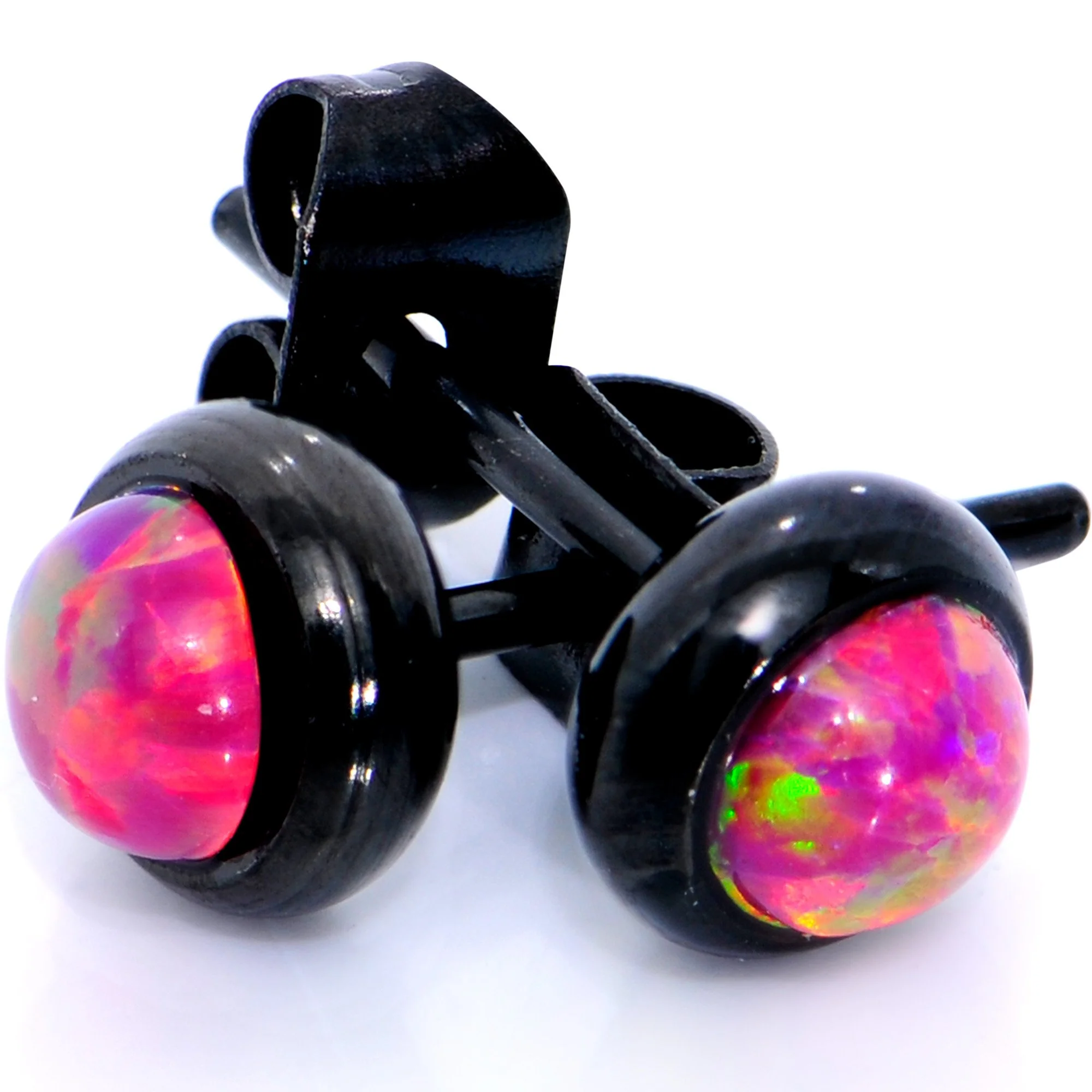 Red Synthetic Opal Black IP 316L Surgical Steel Stud Earrings - Image 2
