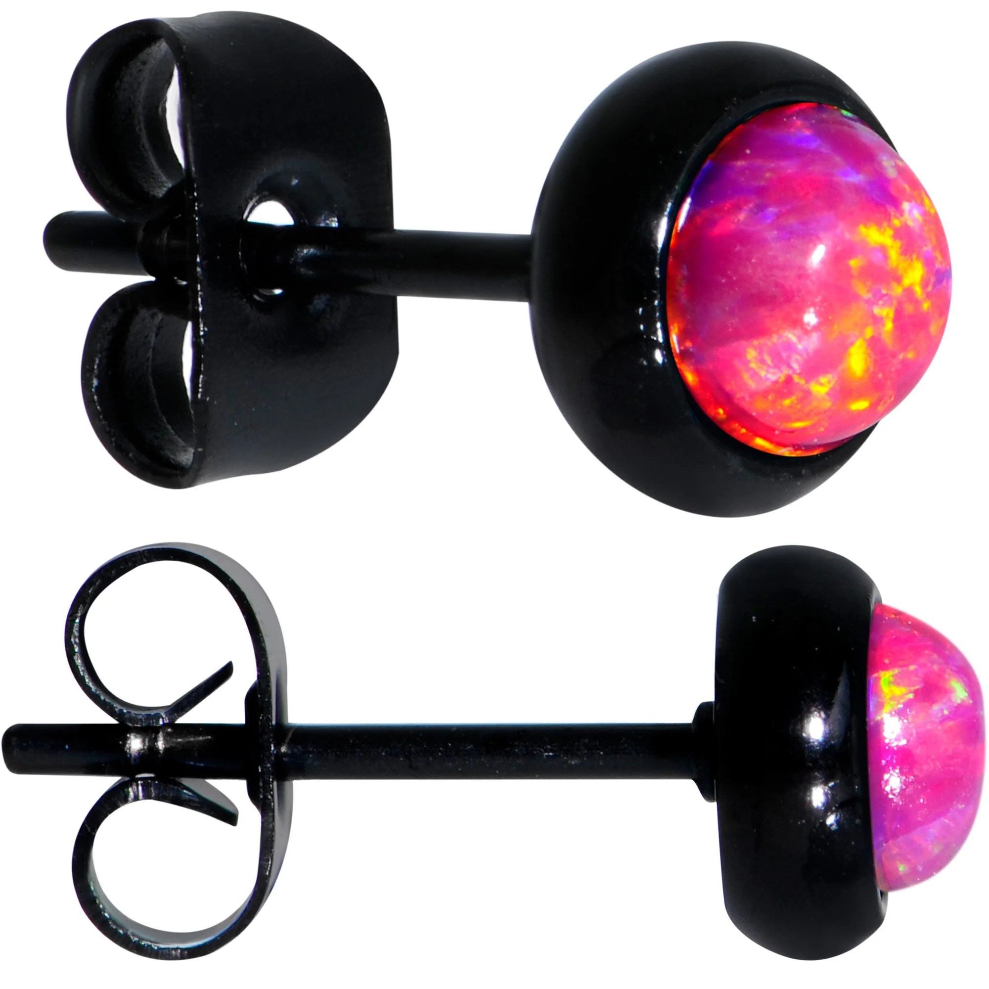 Red Synthetic Opal Black IP 316L Surgical Steel Stud Earrings - Image 4