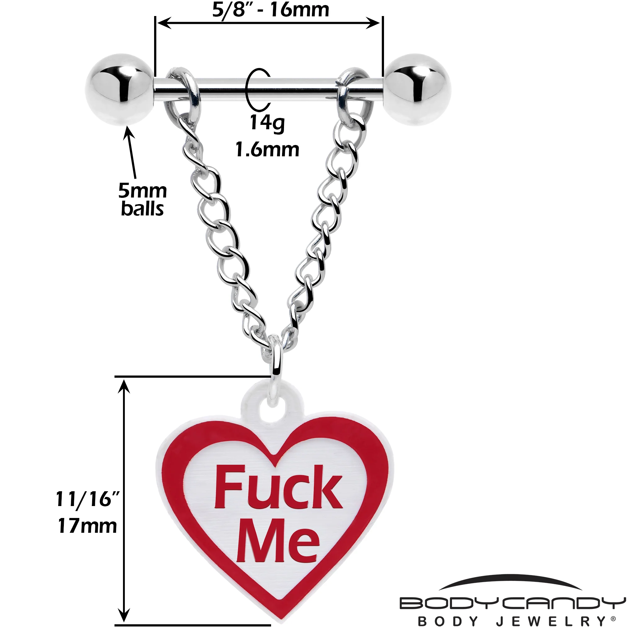 Red White Heart F*ck Me Chain Dangle Nipple Ring Set - Image 3