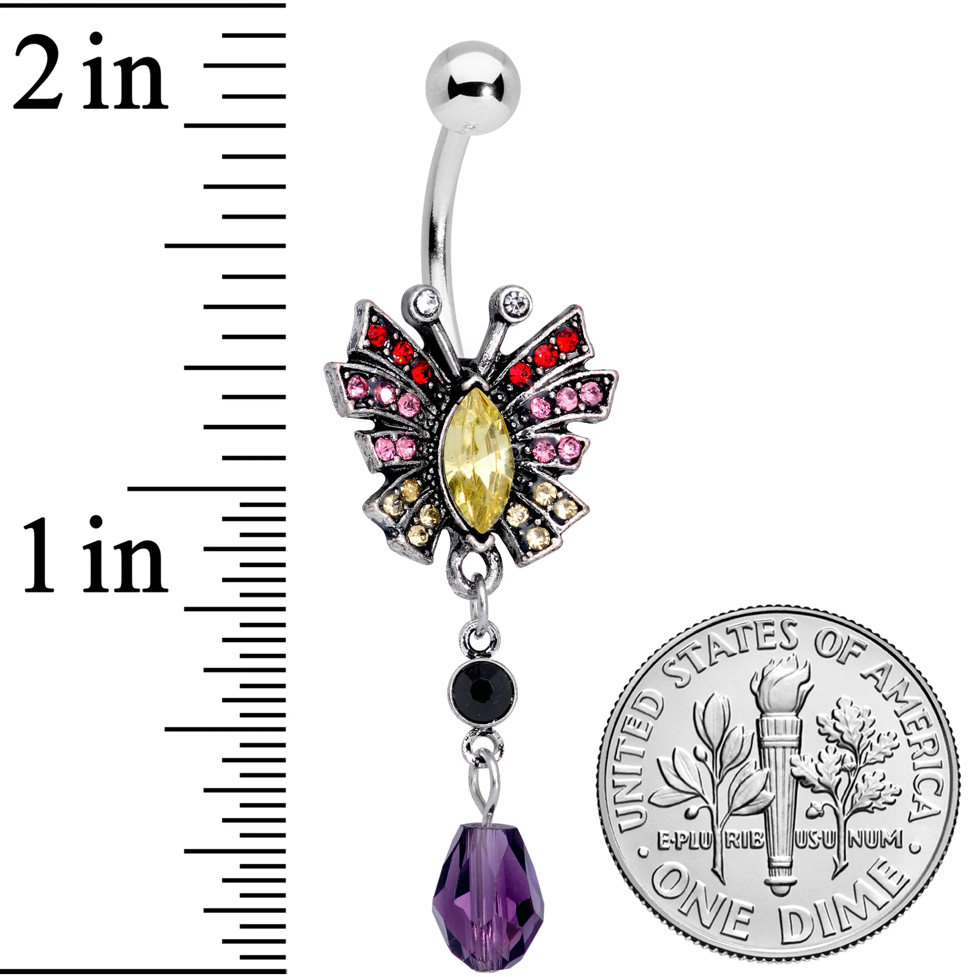 Red Yellow Purple Art Deco Butterfly Dangle Belly Ring - Image 3