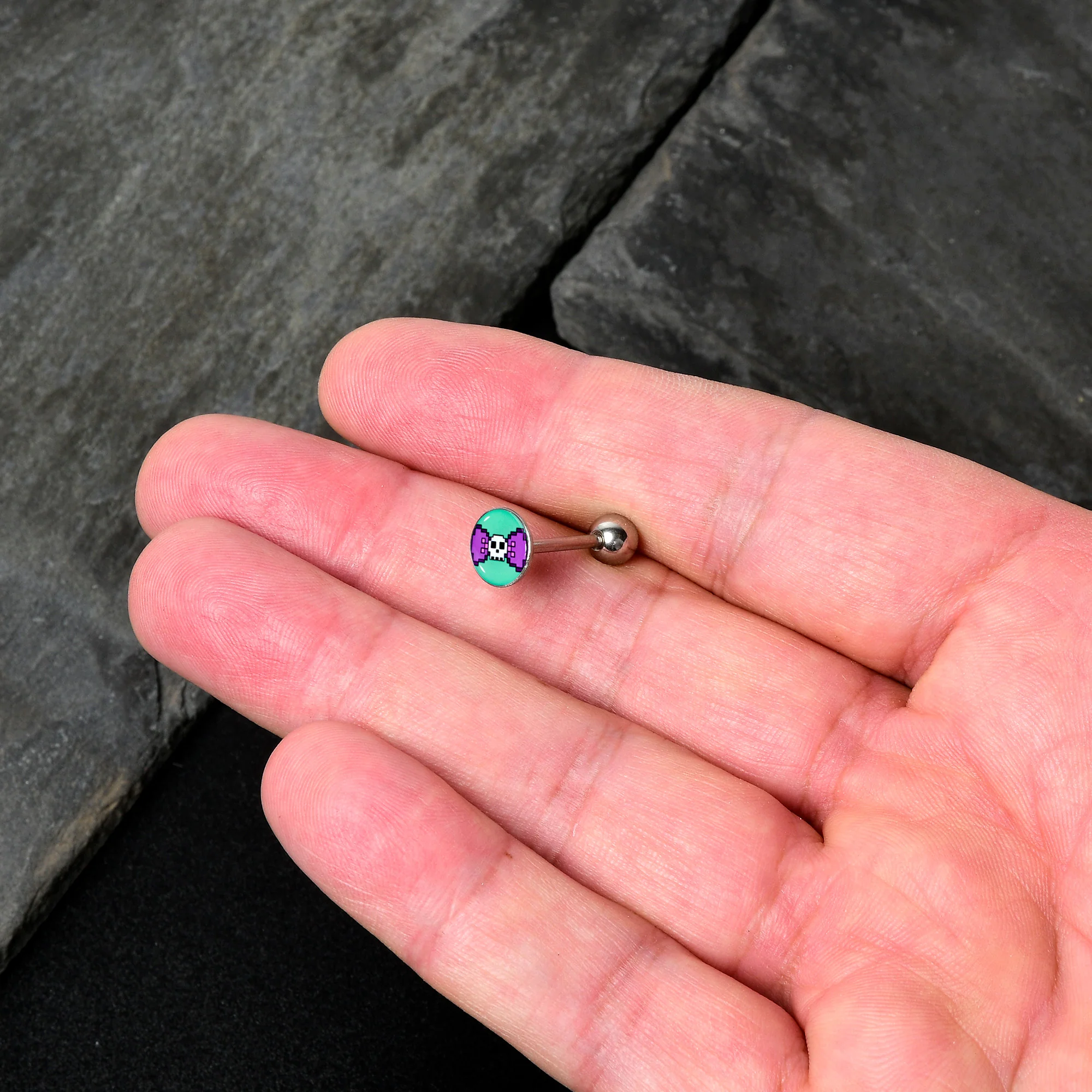 Retro Pixel Skull Barbell Tongue Ring by Onyx O - Image 3