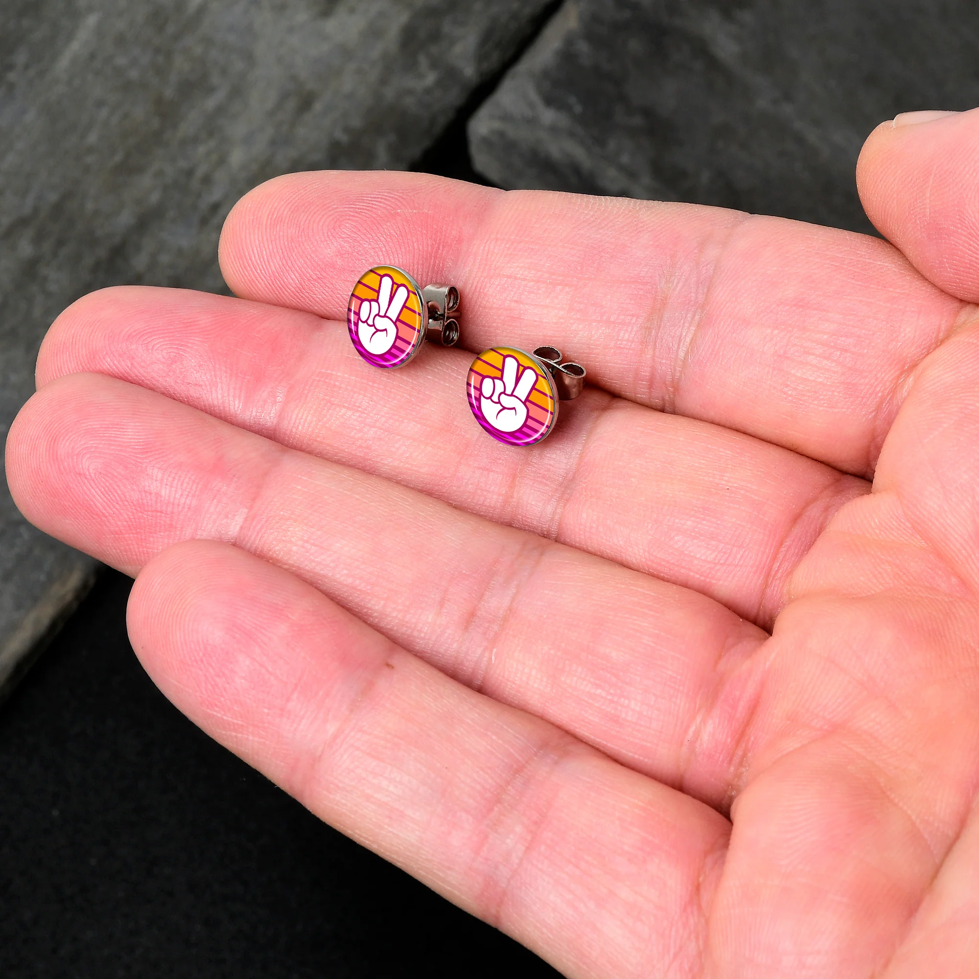 Retro Stripes Peace Sign Fingers Stud Earrings by Onyx O - Image 2