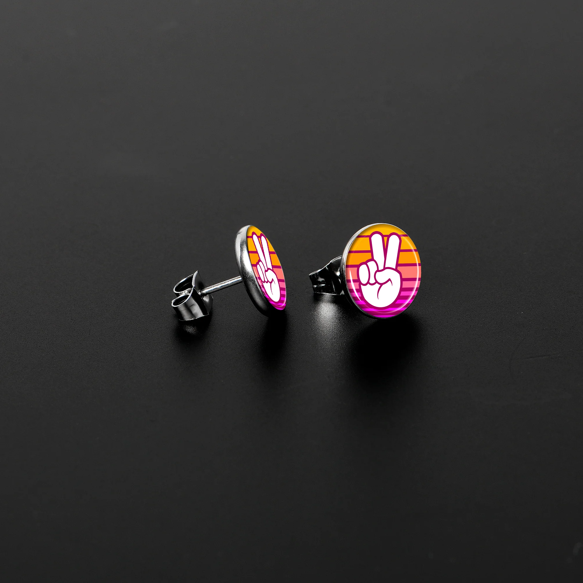 Retro Stripes Peace Sign Fingers Stud Earrings by Onyx O - Image 3