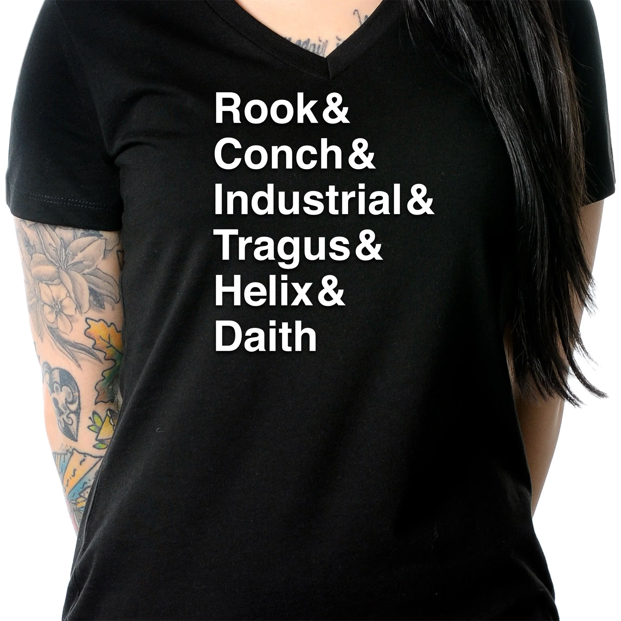 Rook & Conch & Industrial & Tragus & Helix & Daith Tapered V-Neck Tee Shirt - Image 6