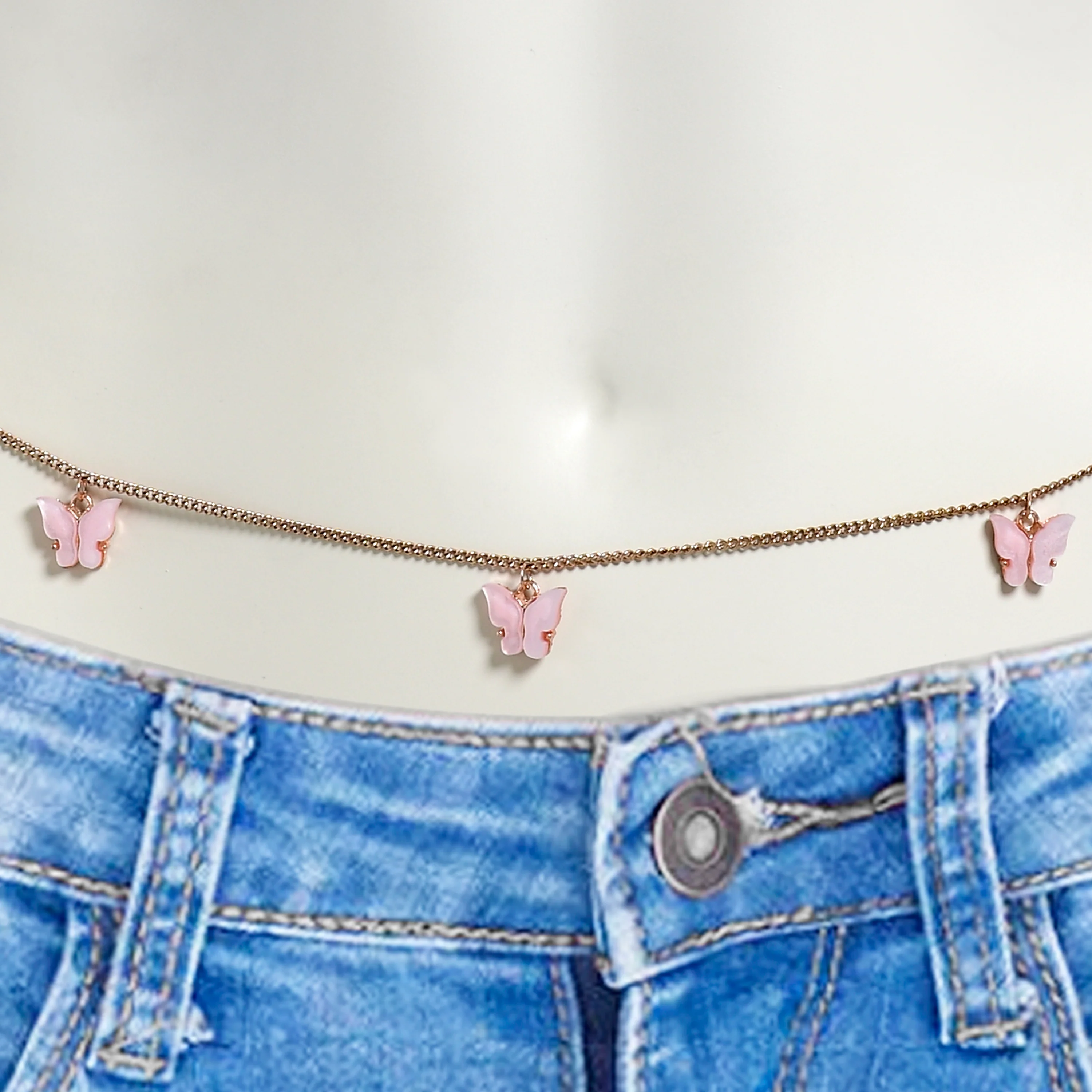 Rose Gold Tone Pink Butterfly Dangle Belly Chain - Image 2