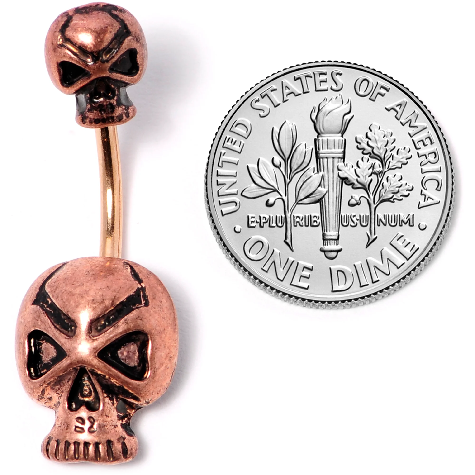 Rose Gold Tone Scary Double Skull Halloween Double Mount Belly Ring - Image 3