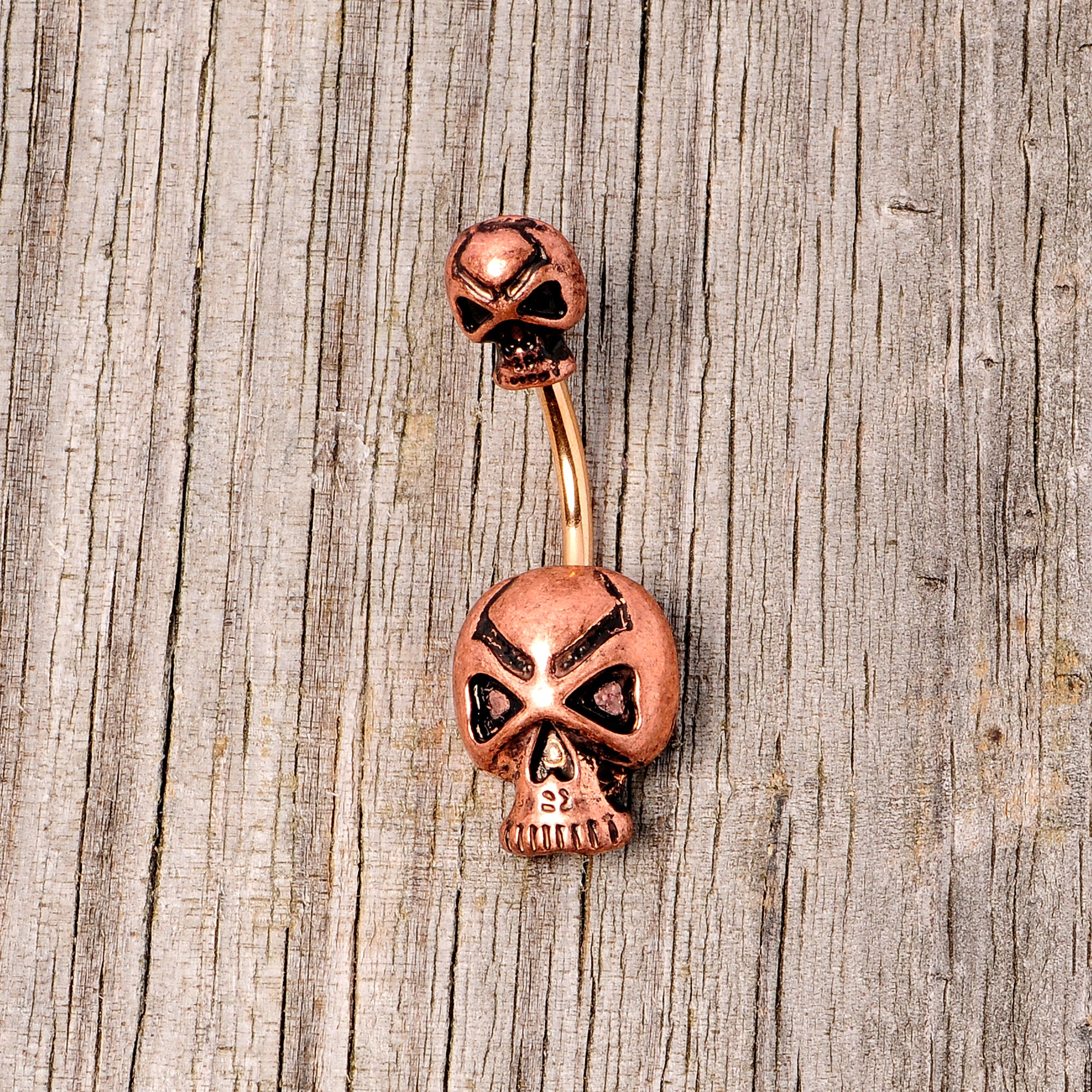 Rose Gold Tone Scary Double Skull Halloween Double Mount Belly Ring - Image 4