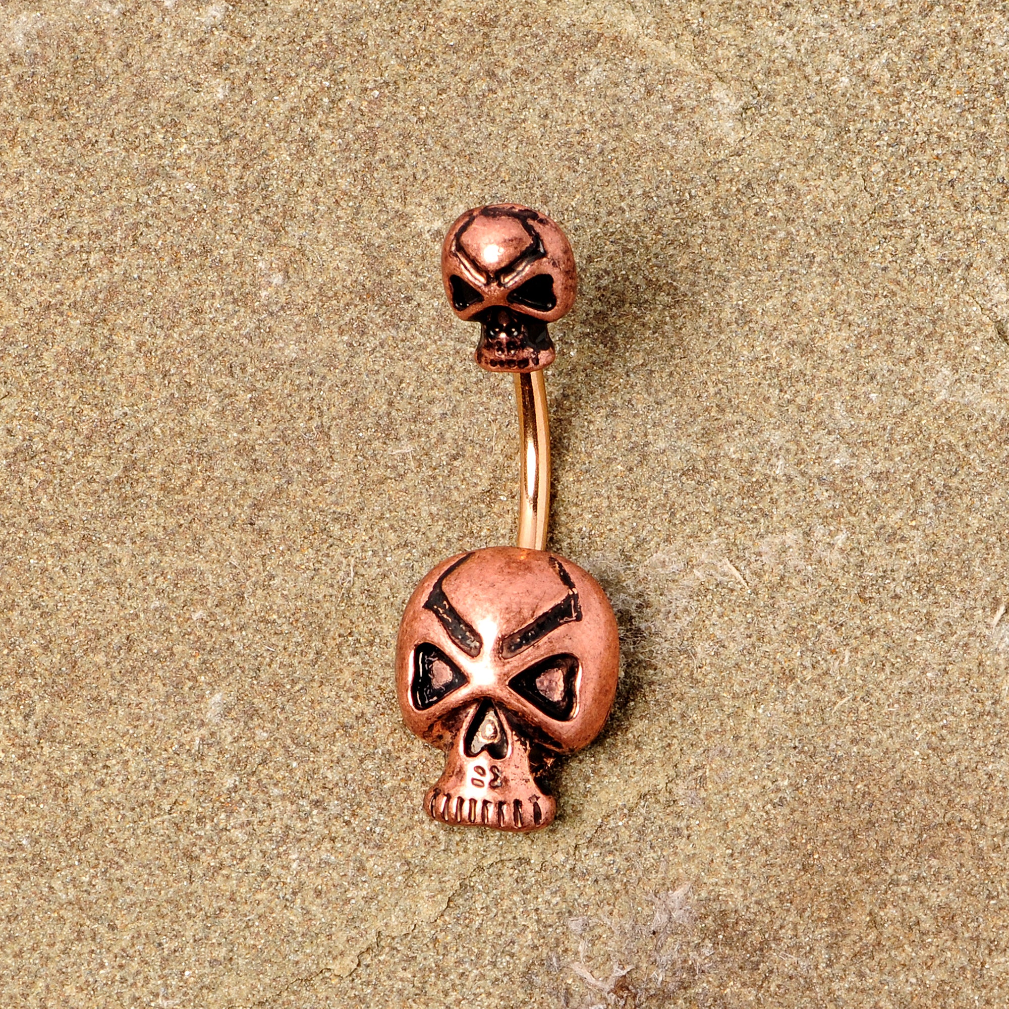 Rose Gold Tone Scary Double Skull Halloween Double Mount Belly Ring - Image 5