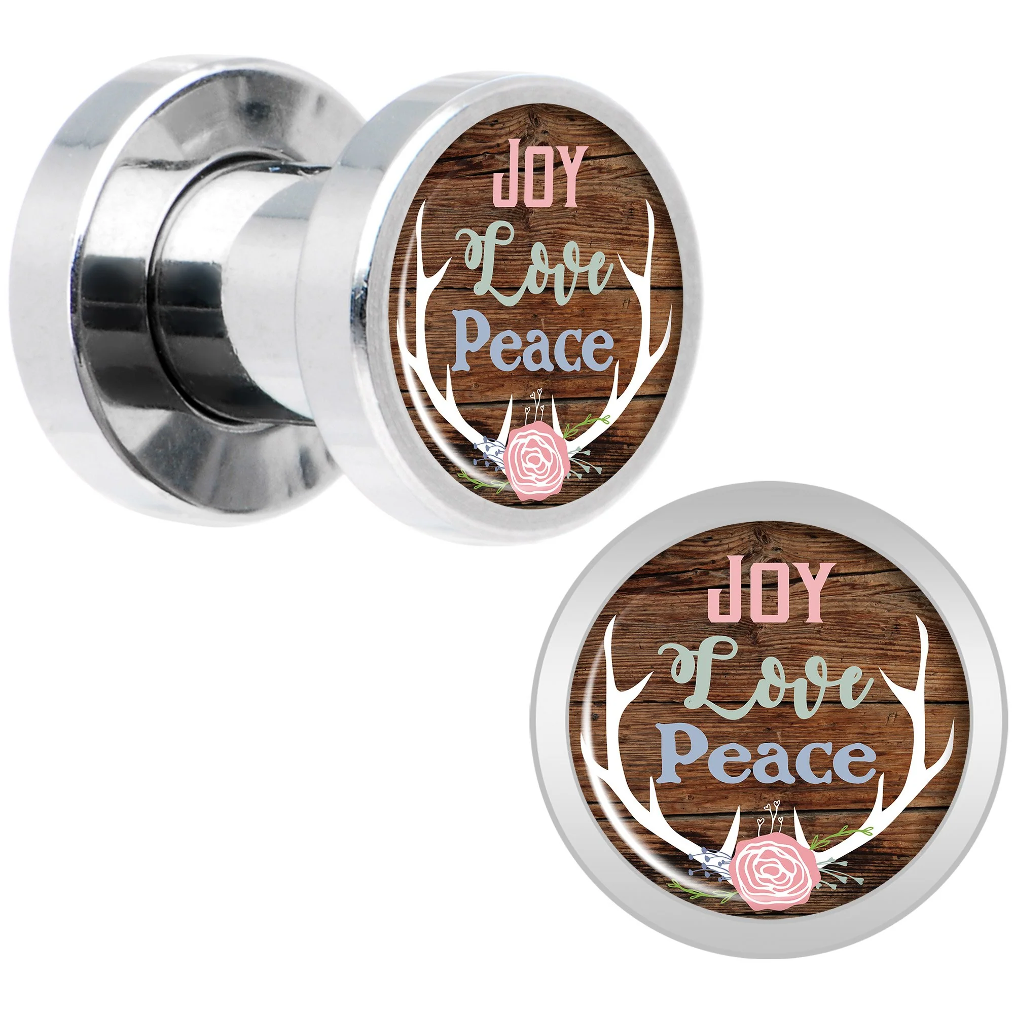 Rustic Joy Love Peace Antlers Screw Fit Plug Set Sizes 5mm to 20mm - Image 2