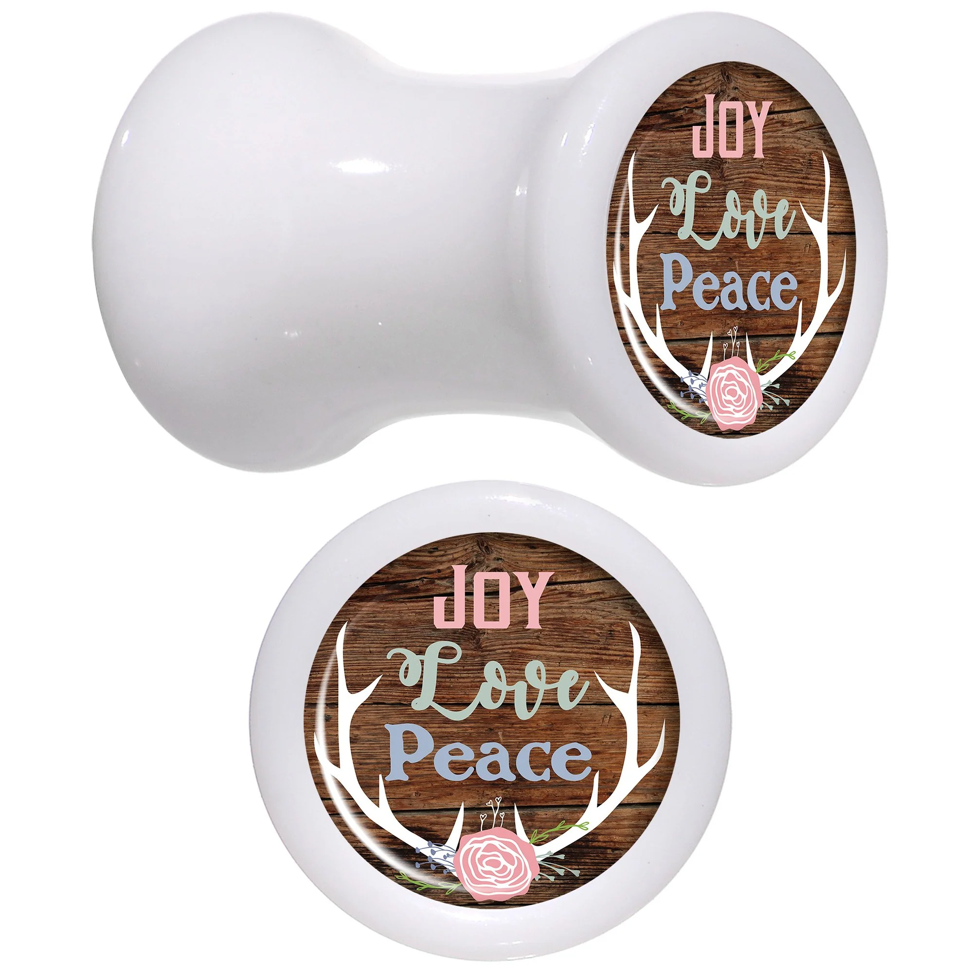 Rustic Joy Love Peace Antlers White Acrylic Saddle Plug Set Sizes 5mm to 20mm - Image 2