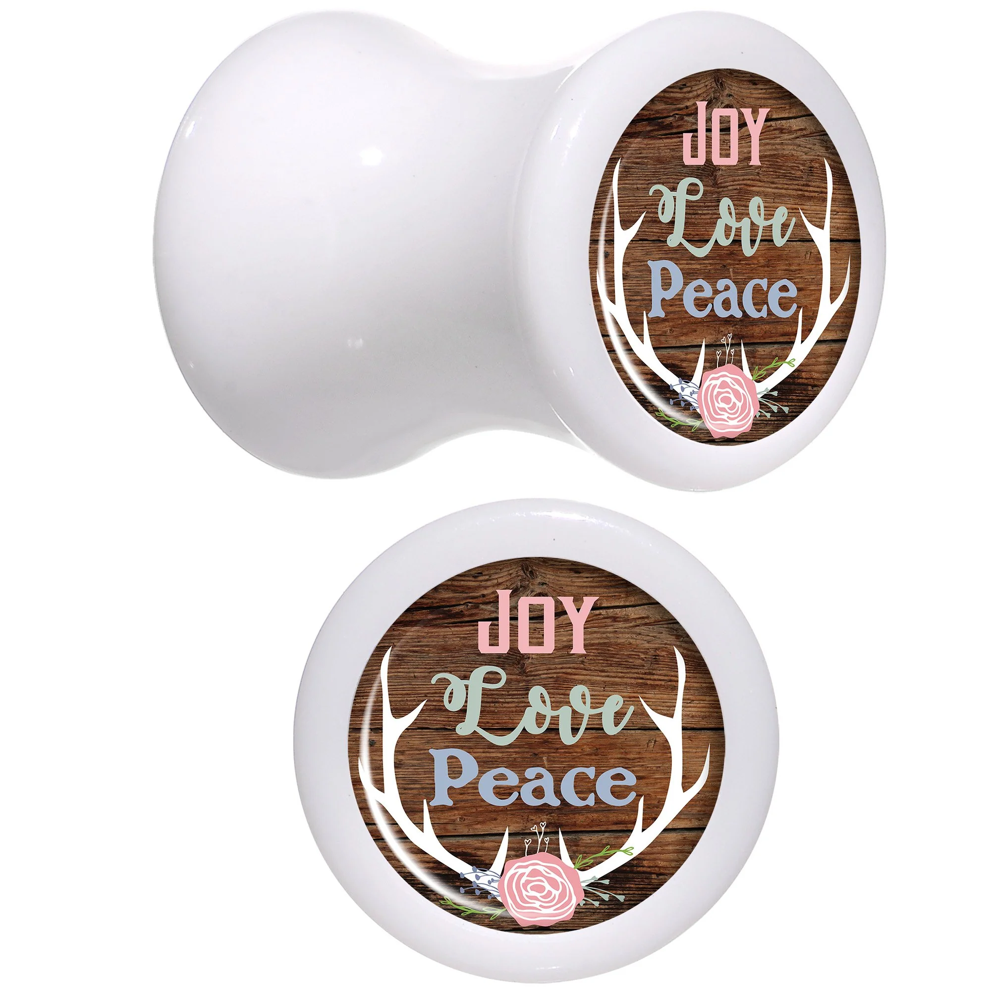 Rustic Joy Love Peace Antlers White Acrylic Saddle Plug Set Sizes 5mm to 20mm - Image 3