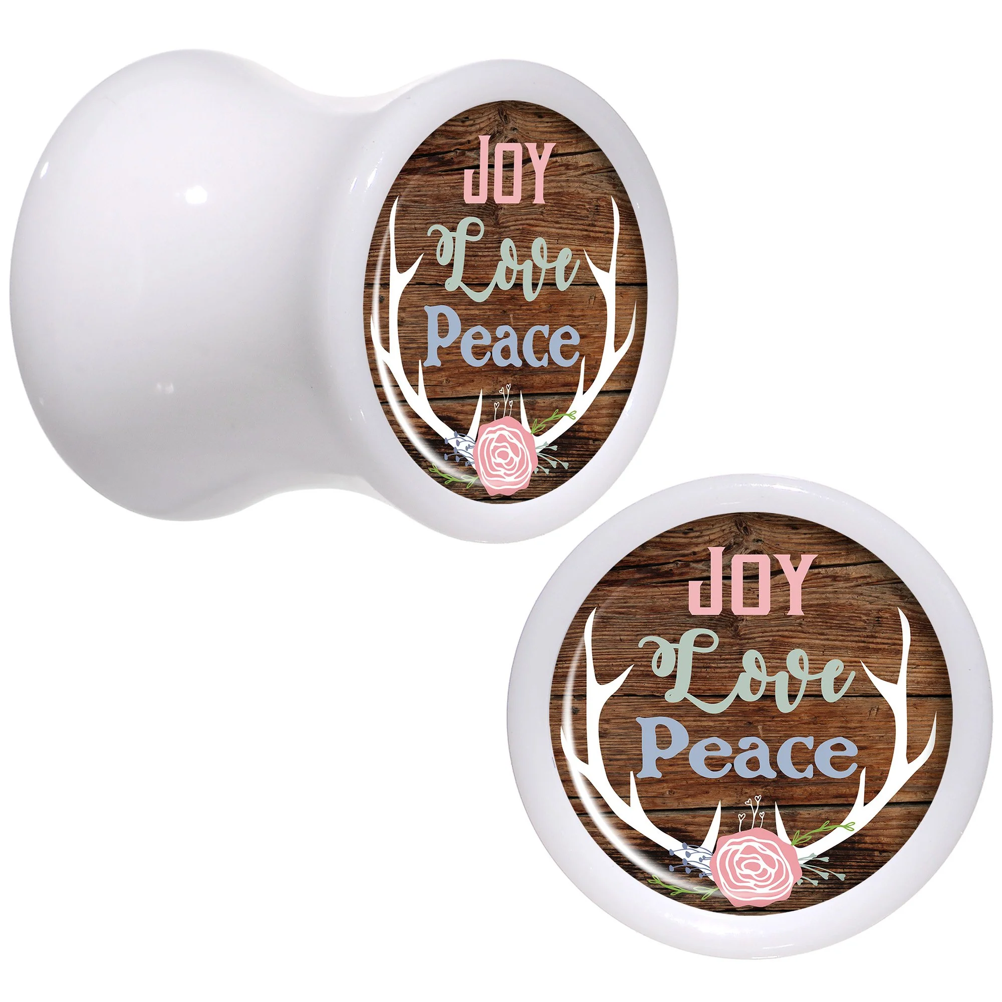 Rustic Joy Love Peace Antlers White Acrylic Saddle Plug Set Sizes 5mm to 20mm - Image 4