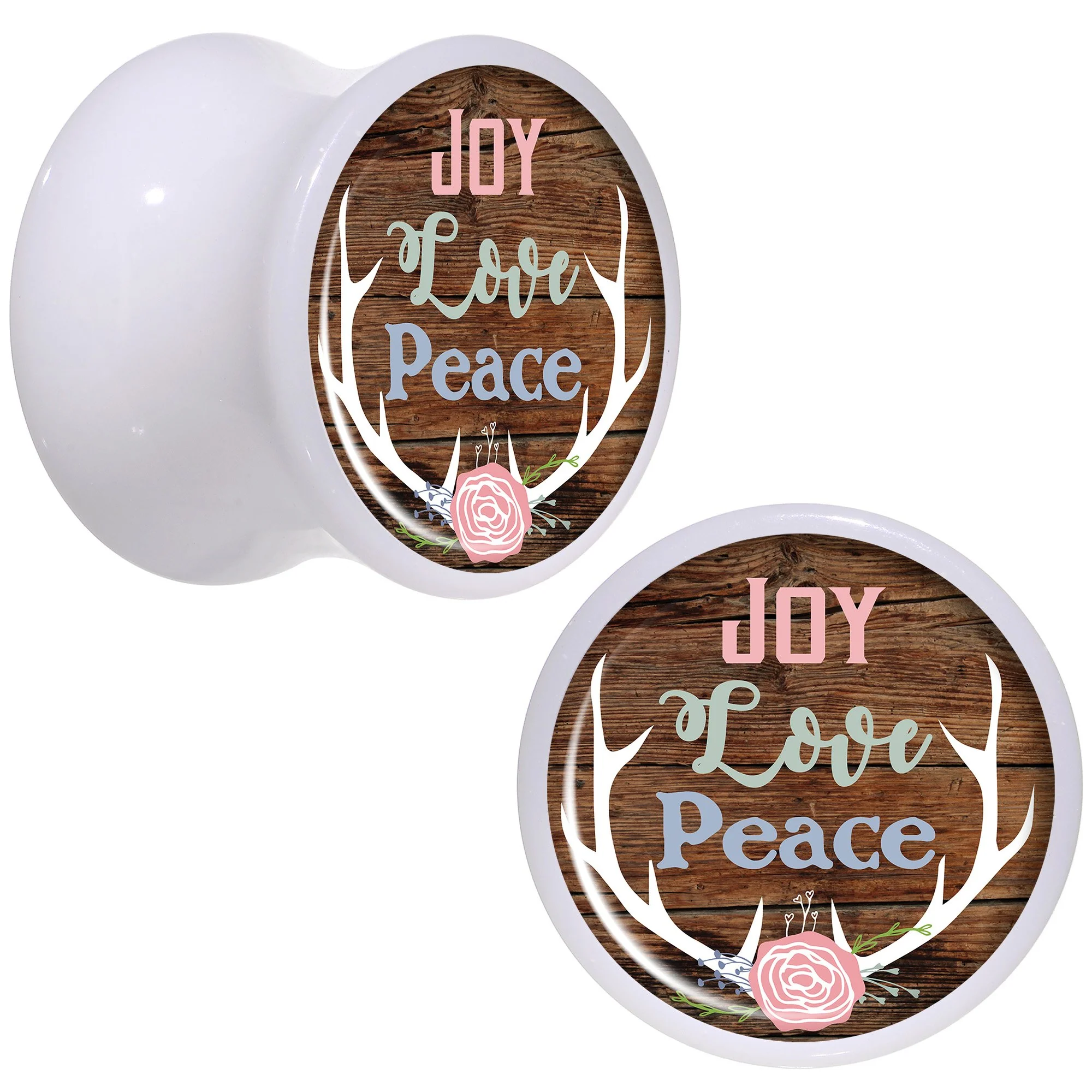 Rustic Joy Love Peace Antlers White Acrylic Saddle Plug Set Sizes 5mm to 20mm - Image 5